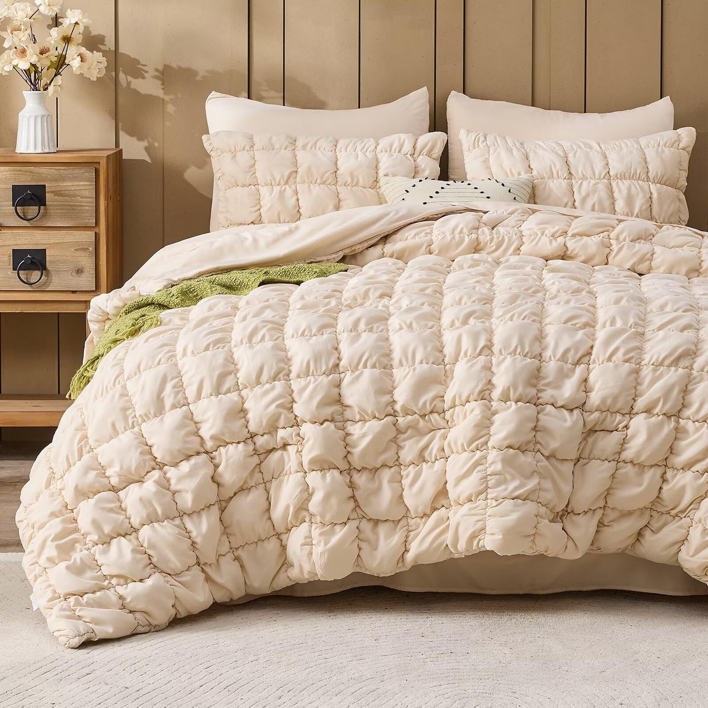 Jameswish Beige Comforter Set Queen Size Bed in A Bag 7 Piece Pinch Pleat Bedding Set,Pintuck Ruched Square Bed Set with Comforter, Sheets, Pillowcases & Shams