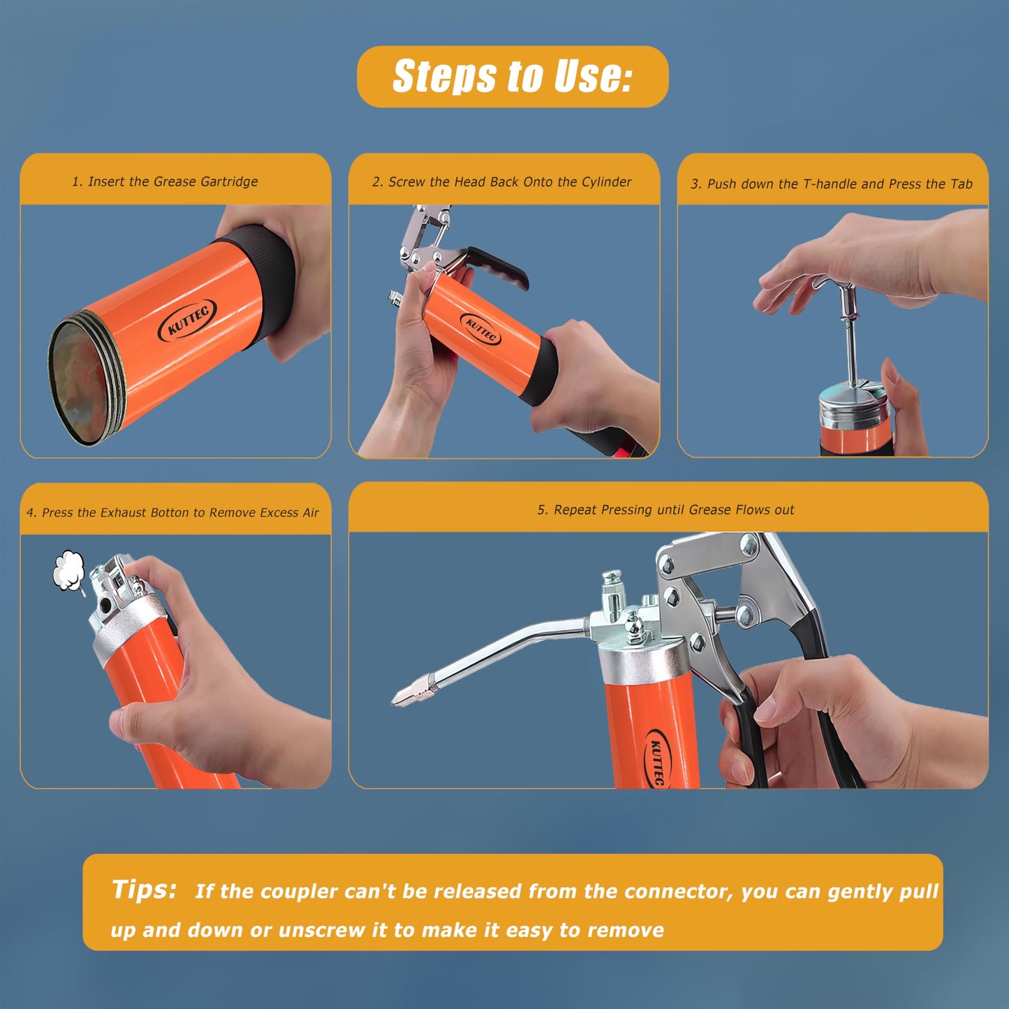 Kuttec Grease Gun，Professional 9000 PSI Heavy Duty 400 cc/14oz. Pistol Grip Grease Gun kit Include 1 Quick Release Coupler,1 Lock Coupler,1 Spring Flex Hose,2 Hose,1 Sharp Nozzle,1 Rigid Pipe.