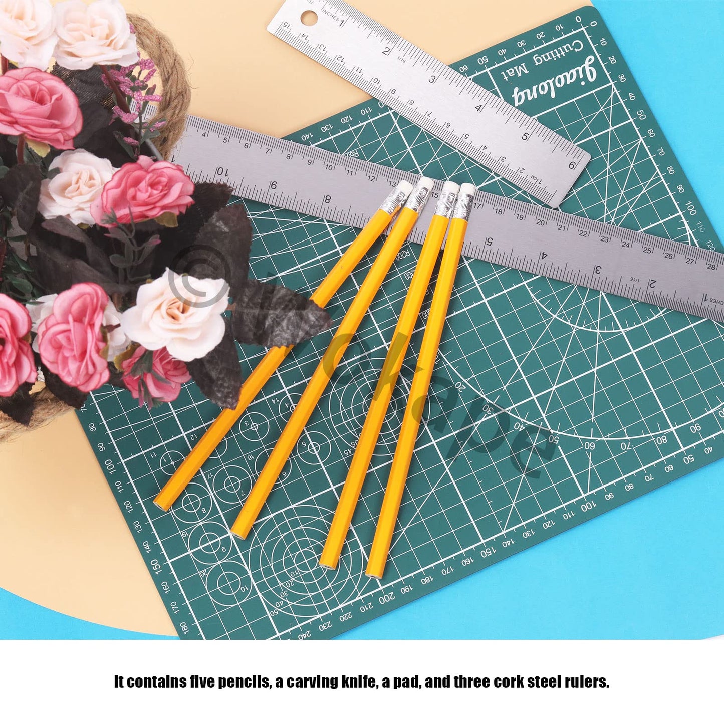 Wokape 10Pcs Stainless Steel Cork Back Rulers Accessories Kit, Including 6" 12" 18" Straight Edge Cork Base Rulers, Craft Knife Precision Hobby Knife Kit, HB Pencils with Erasers for Drafting