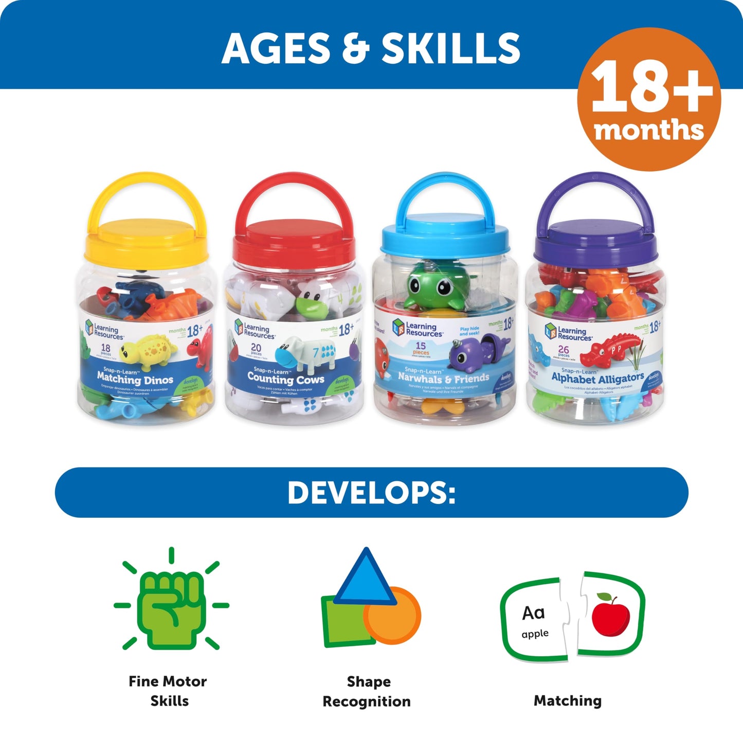 Learning Resources Snap-n-Learn Matching Dinos - 18 Pieces, Ages 18+ months Toddler Fine Motor Toys, Counting & Sorting Toy, Shape Sorting, Dinosaurs Toys, Sensory Bin Toys
