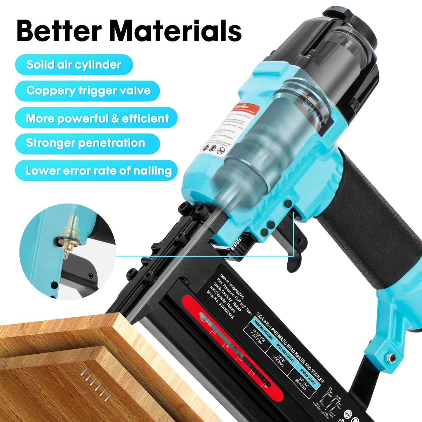 SHALL 18 Gauge Pneumatic Brad Nailer, 2 in 1, 18 GA Air Nail Gun and Crown Stapler, 800 Counts Brad Nails (1", 2") and Narrow Crown Staples (1", 1-1/2") Included, for DIY Project, Upholstery
