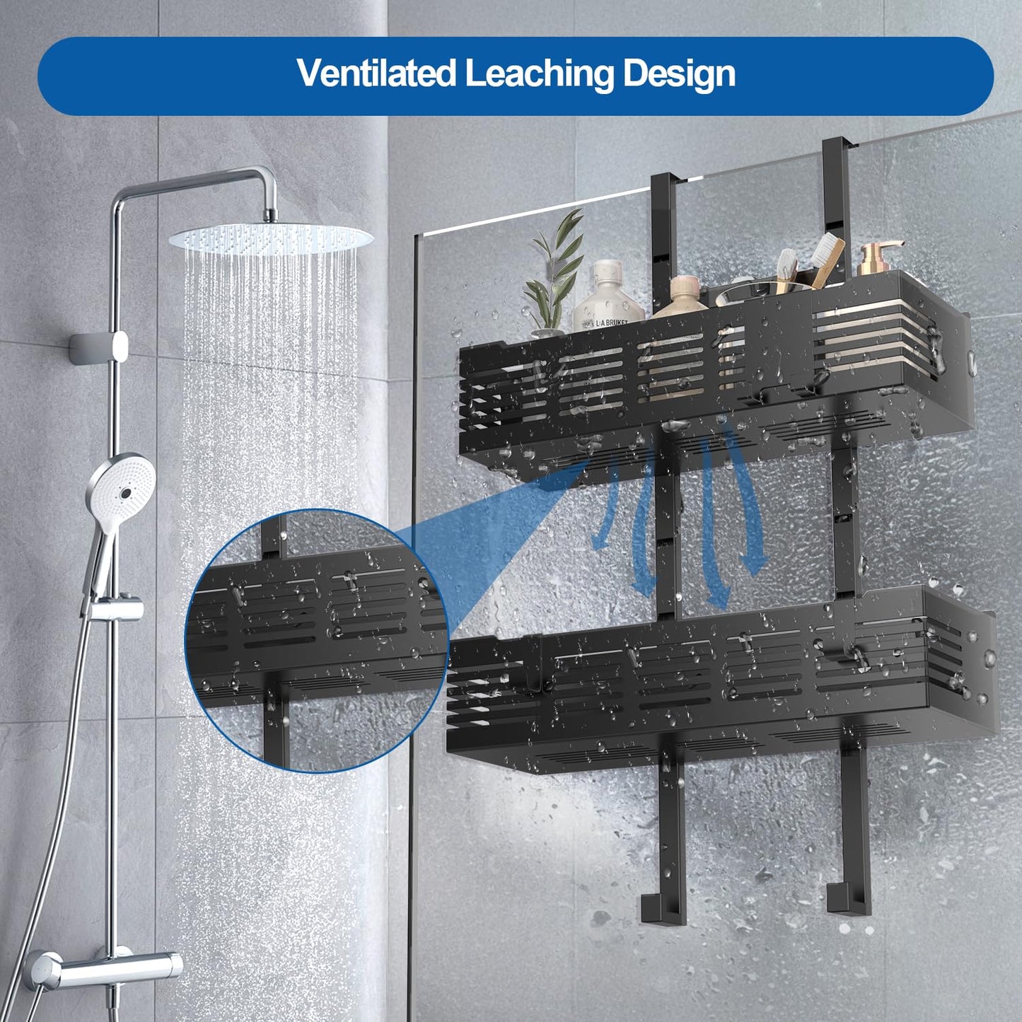 Hodzeed Shower Caddy Hanging Over The Door, Rustproof Shower Shelves with Hooks Black Shower Rack Hanging Shower Organizer Shelf 2 Tier No Drilling Bathroom Shelf Over the Door for Dorm,Toilet,Kitchen