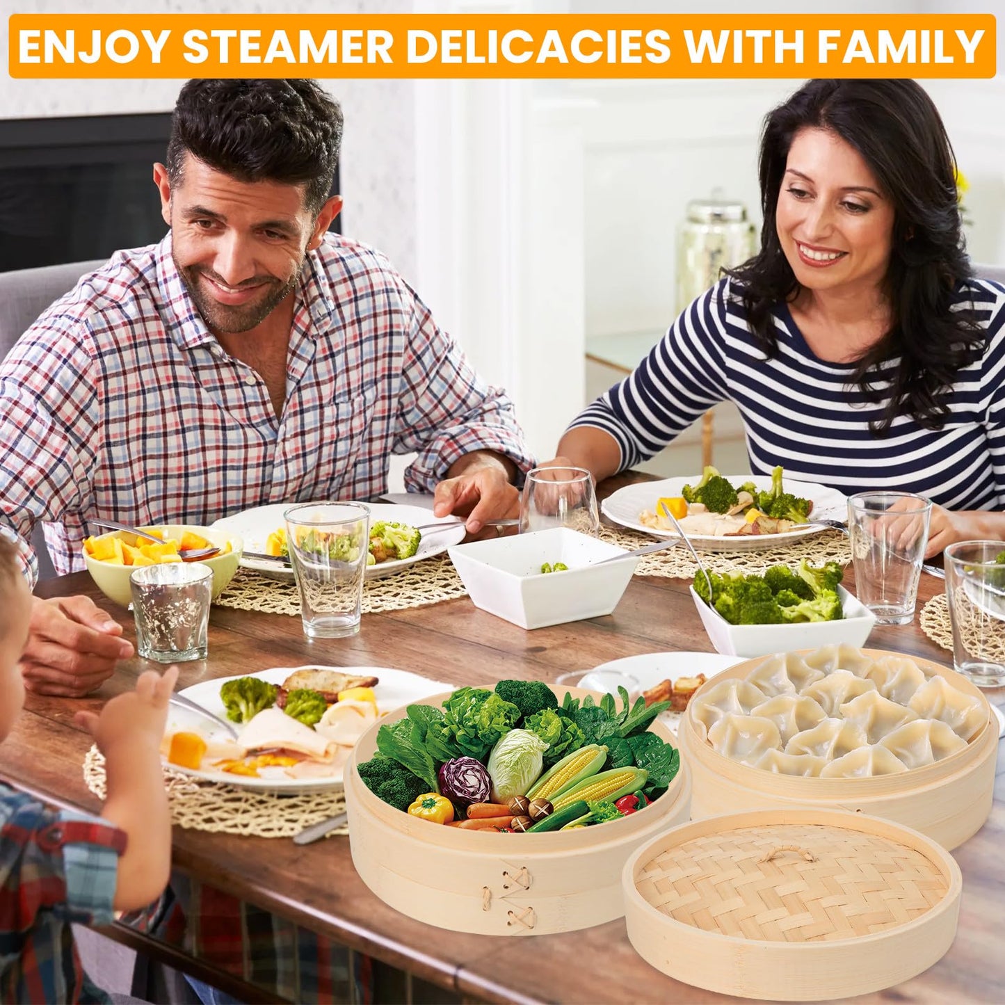 62 PCS 10 Inch 2 Tier Bamboo Steamer, Bamboo Steamer Basket, Dim Sum Basket, with 1Ring Adapter, 2Reusable Silicone Liner, 2 pairs of chopsticks, 2Sauce Dishes, 50Paper Liners, 1Ring