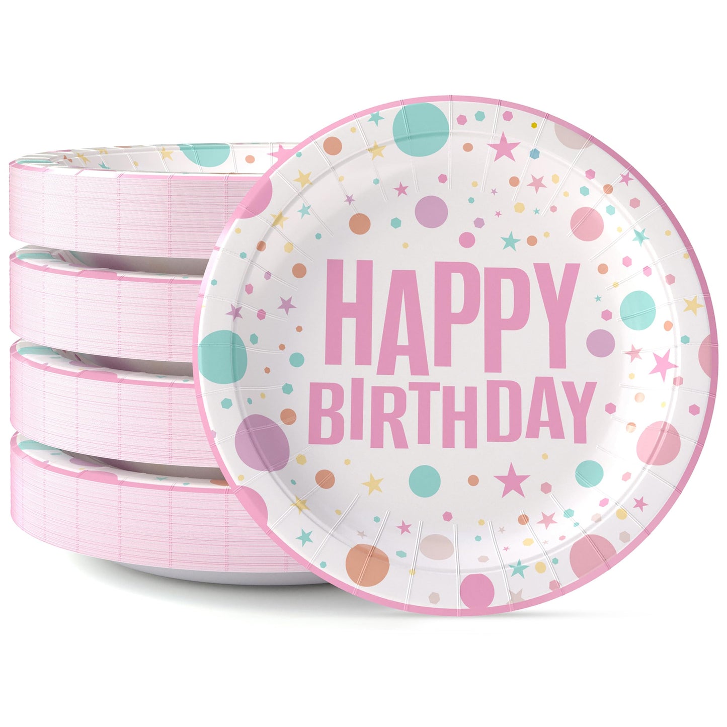 Exquisite Party Solids 9" Pink Happy Birthday Plates Paper Party Plates Disposable Heavy Duty 50 Pcs 350 GSM for Birthday Decorations
