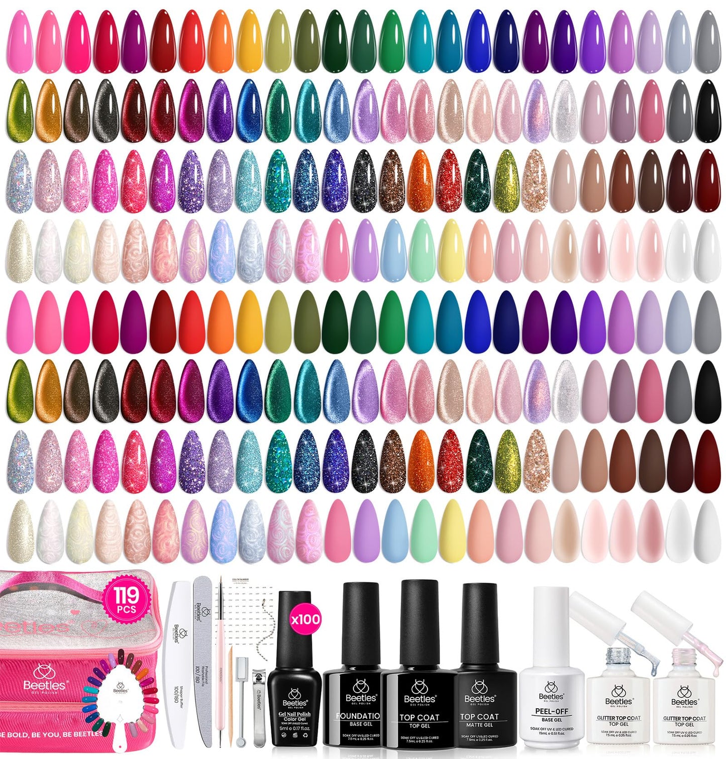 Beetles 100 Colors Gel Nail Polish Set, 119 PCS, Base Glossy Matte Glitter Top Coat, Gel Polish Pastel Glitter Pearl Cat Eye White Red Pink Nude Green Blue, Gift for Women