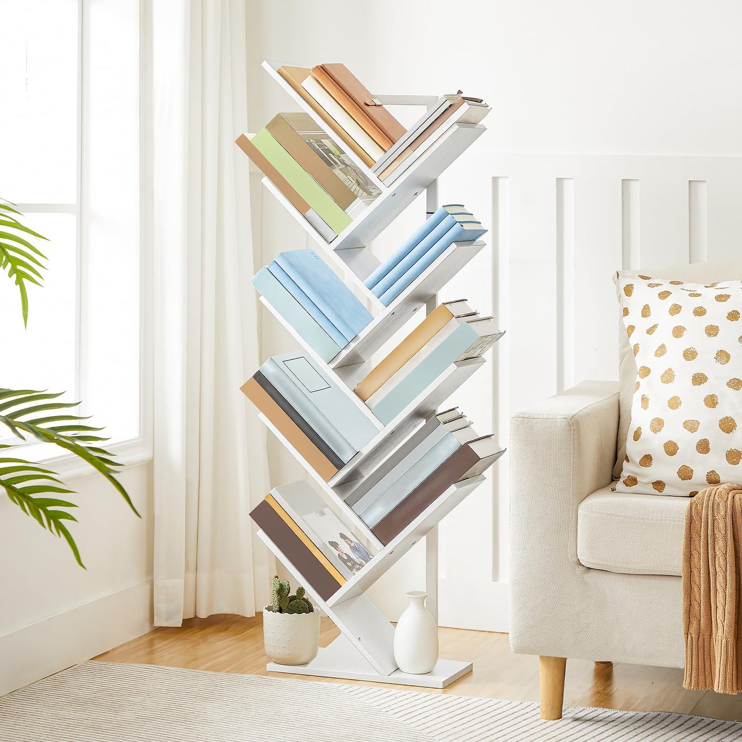 HOOBRO Tree Bookshelf, 9-Tier Bookcase Wooden Shelves, Floor Standing Storage Rack, for Display of CDs, Books in Living Room, Home Office, Wood Storage Rack for Bedroom, White WT08SJ01G1