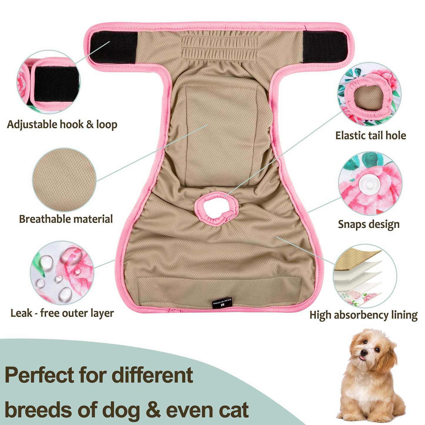 Grecle Washable Female Dog Diapers - Premium Reusable Diapers for Doggie in Heat - Highly Absorbent Dog Diapers Female for Pet Incontinence with Adjustable Snaps Sunflower, XXL