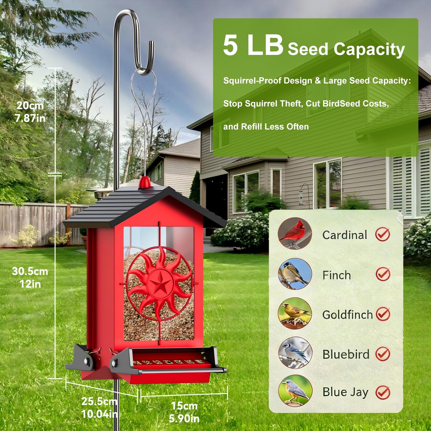 Squirrel Proof Bird Feeders for Outdoors With Weight-Activated, 5LB Large Metal Wild Bird Feeders for Cardinals,Blue jay,Finch, Weatherproof Durable Hanging Bird Feeder for Backyard,Garden,Patio-Green