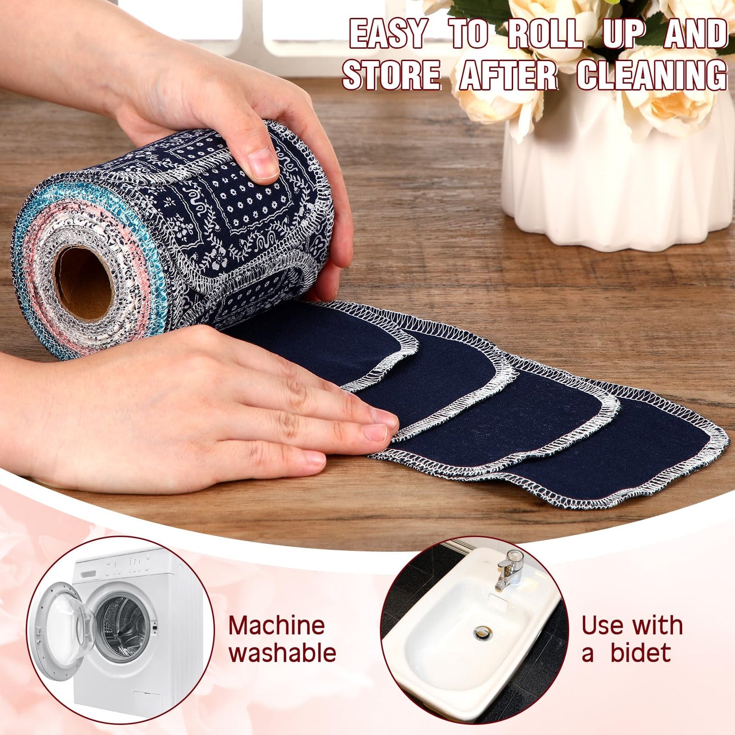 VitalCozy 50 Pcs Reusable Toilet Washable Bidet Towels Rerollable Cloth Wipes Paperless Towels Roll Absorbent Cotton for Kitchen Paperless Dishcloths(Vintage Flower)
