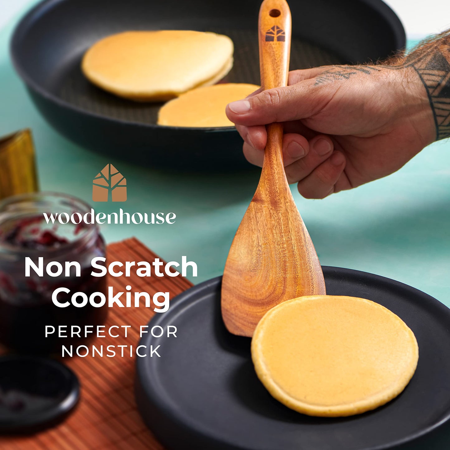 Wooden Spoons for Cooking, Cooking Utensils Set, Kitchen Utensil Set with Holder, Spoon Rest & Hanging Hooks, Teak Wood Nonstick Cookware – Durable Set of 8pcs by Woodenhouse