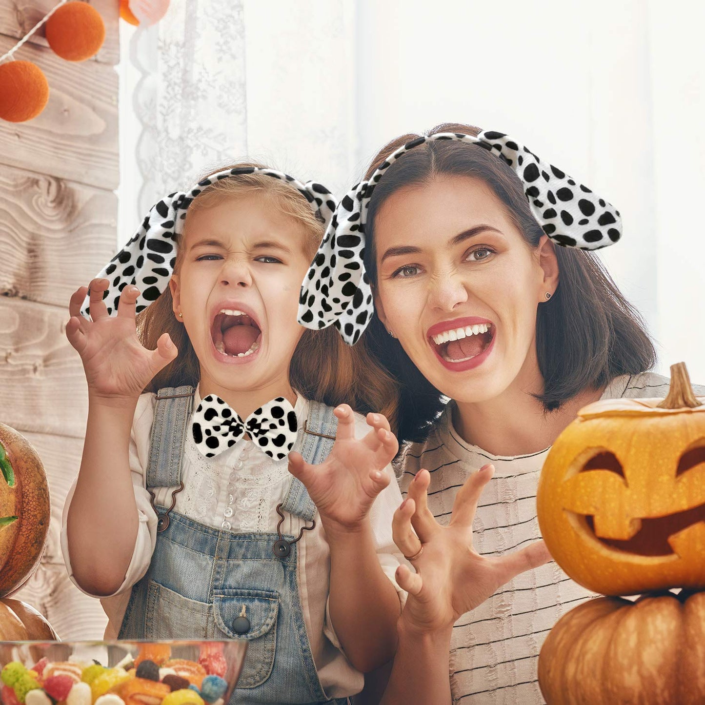 60 Pieces Halloween Christmas Dalmatian Costume Set Dog Ears Headband Kit Include Dalmatian Ears Headbands Bow Tie Tail