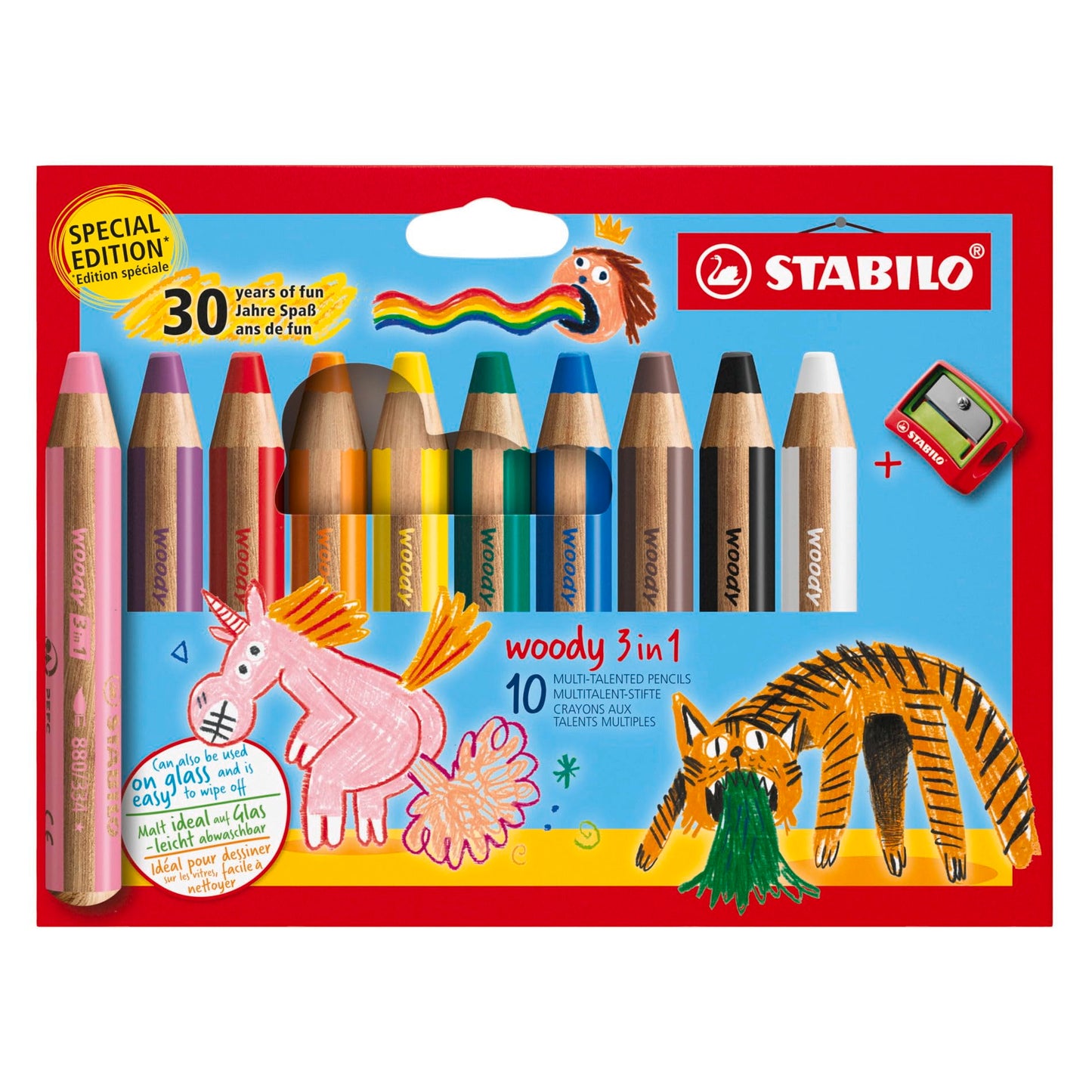 STABILO Multi-Talented Pencil woody 3 in 1 - Pack of 10 - Birthday Edition - Assorted Colours with Sharpener
