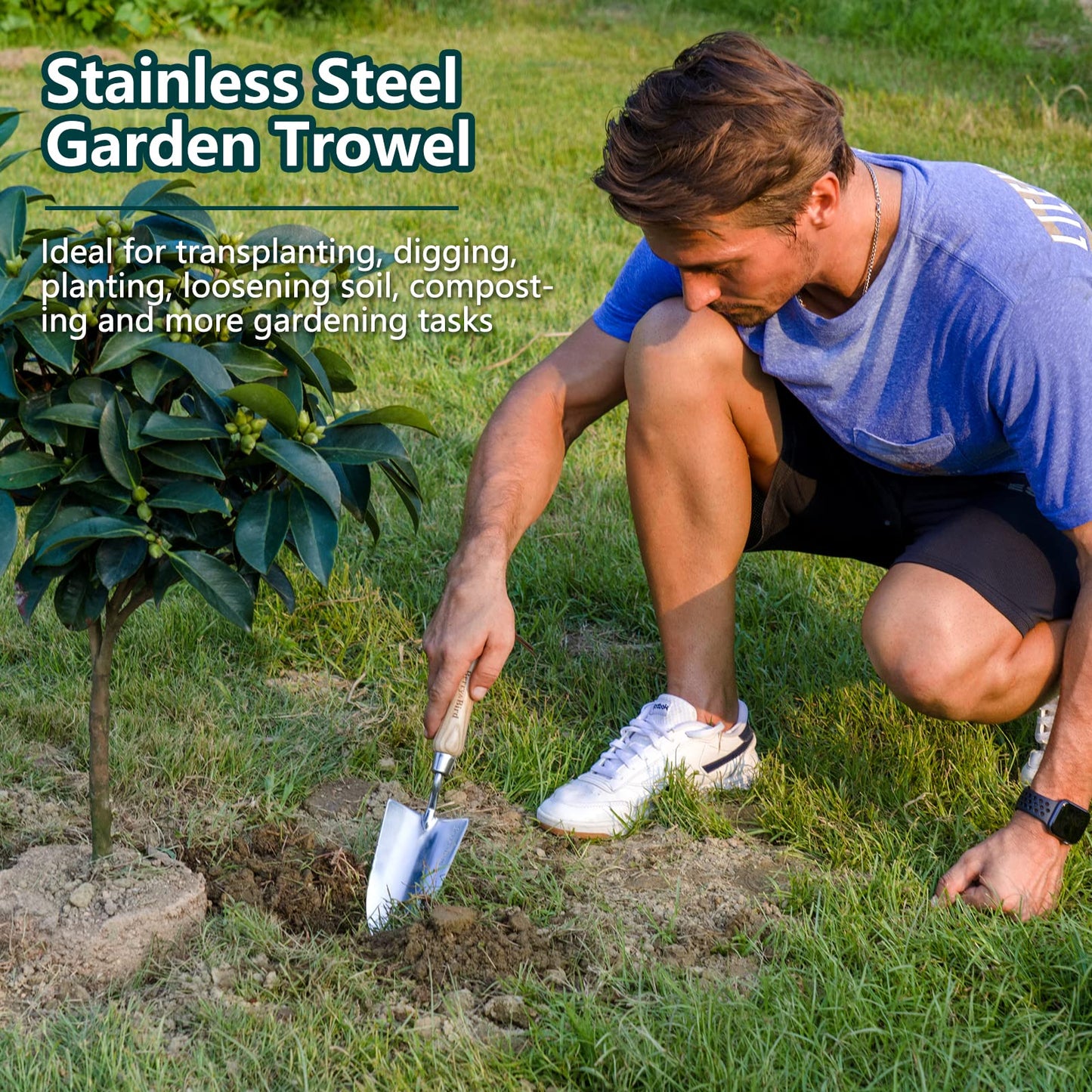 Berry&Bird Garden Tool Set, 3 PCS Stainless Steel Heavy Duty Gardening Tool Kit Includes Hand Trowel, Transplanter and Hand Cultivator with Ash Wood Handle for Transplanting Digging Loosening Soil