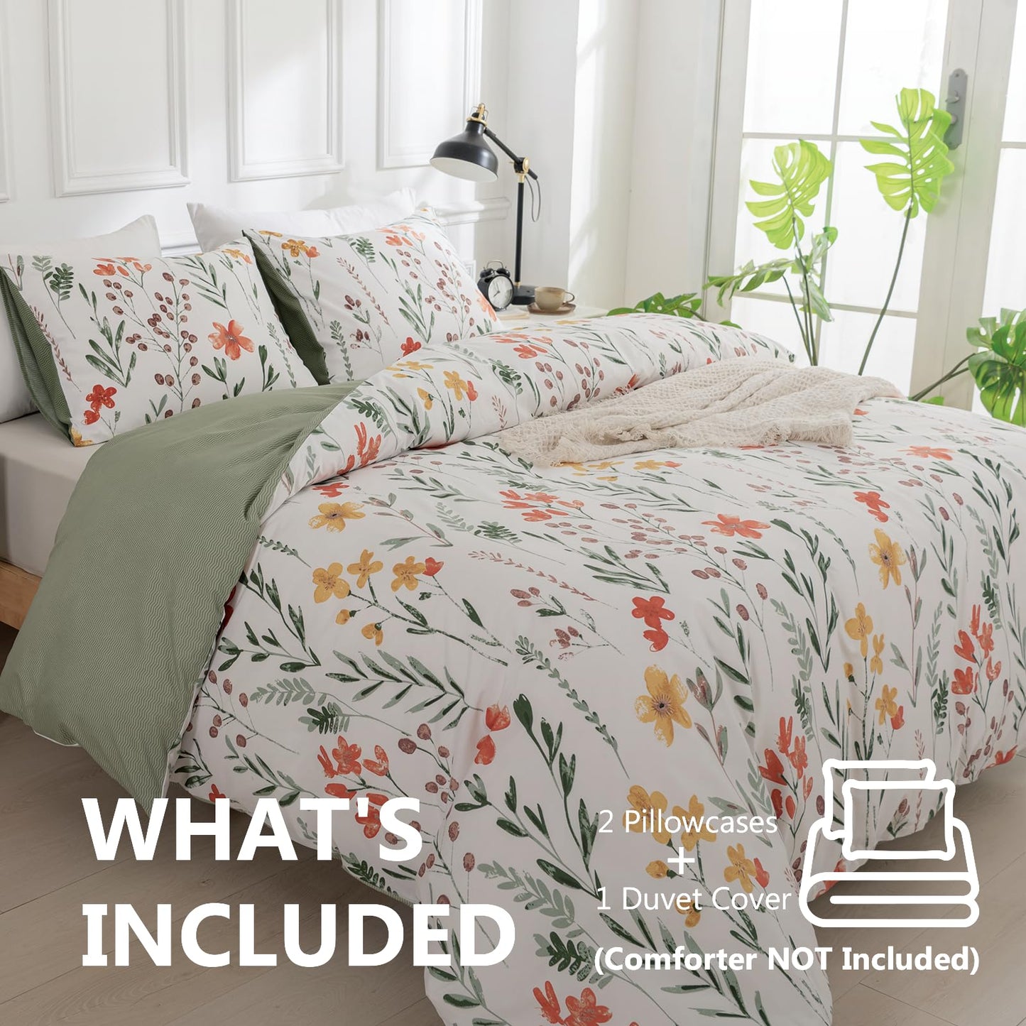Duvet Cover Queen, Floral Duvet Cover, 3 Piece Breathable Queen Duvet Cover Set with Zipper Closure, 4 Corner Ties, (90x90 Inch, Green/White)