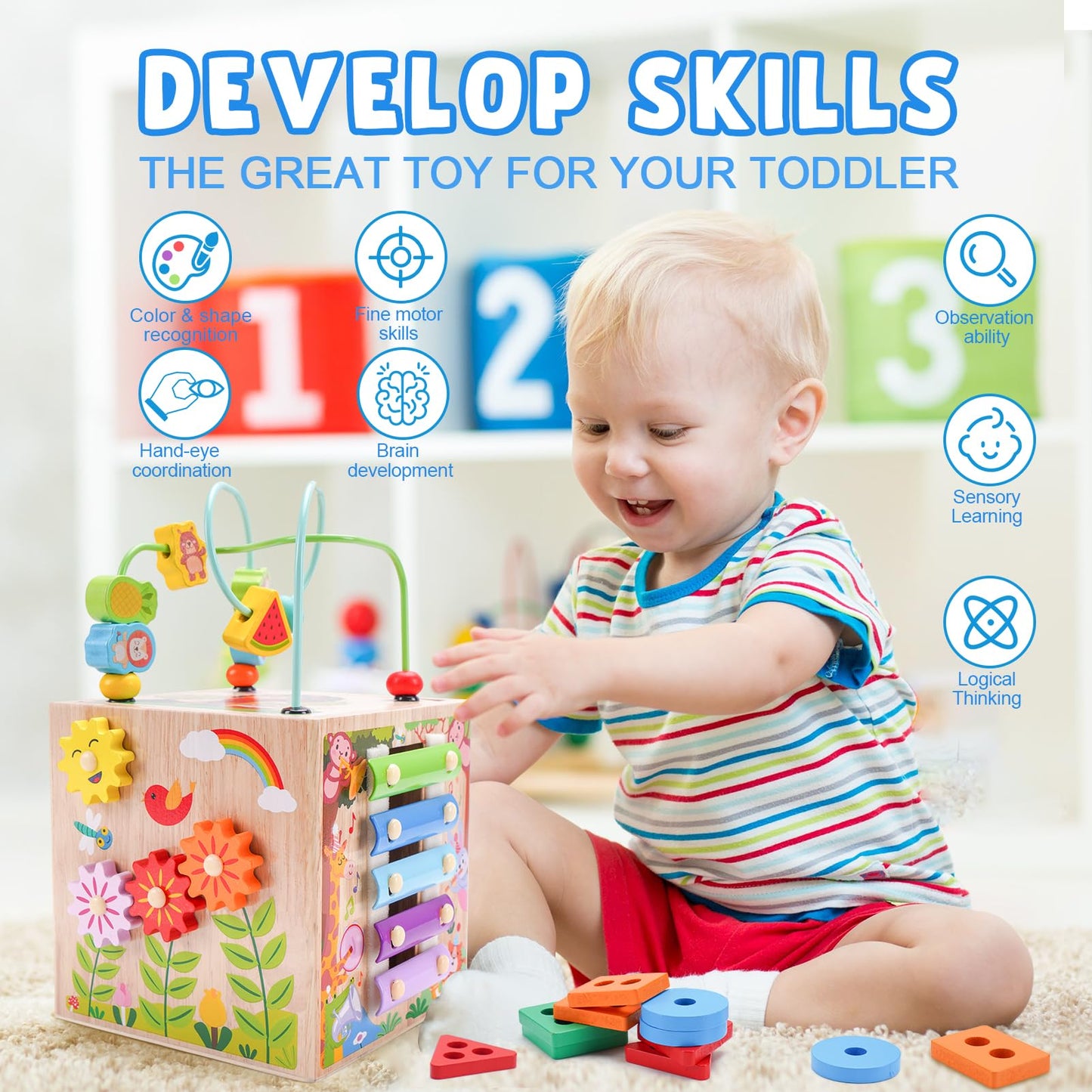 Wooden Activity Cube | Montessori Toys for 12+ Months Toddlers | One Year Old 1st First Birthday Gift | Educational Learning Toys for Baby Boys Girls Age 1 2 3 | Bonus Sorting & Stacking Game (Pink)