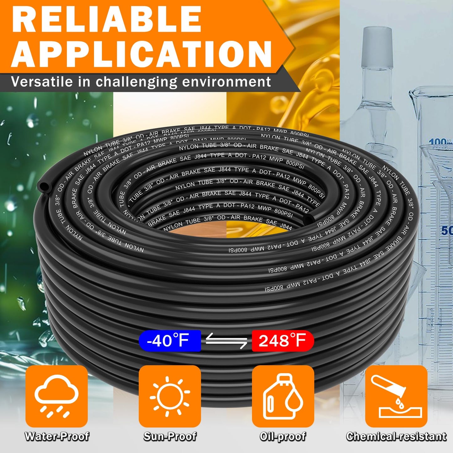 CheeMuii 100 FT 3/8" PA12 Nylon DOT Air Line SAE J844 DOT Air Hose 30.5 Meter 3/8 Inch OD Pneumatic Air Tubing Pipe Hose Line