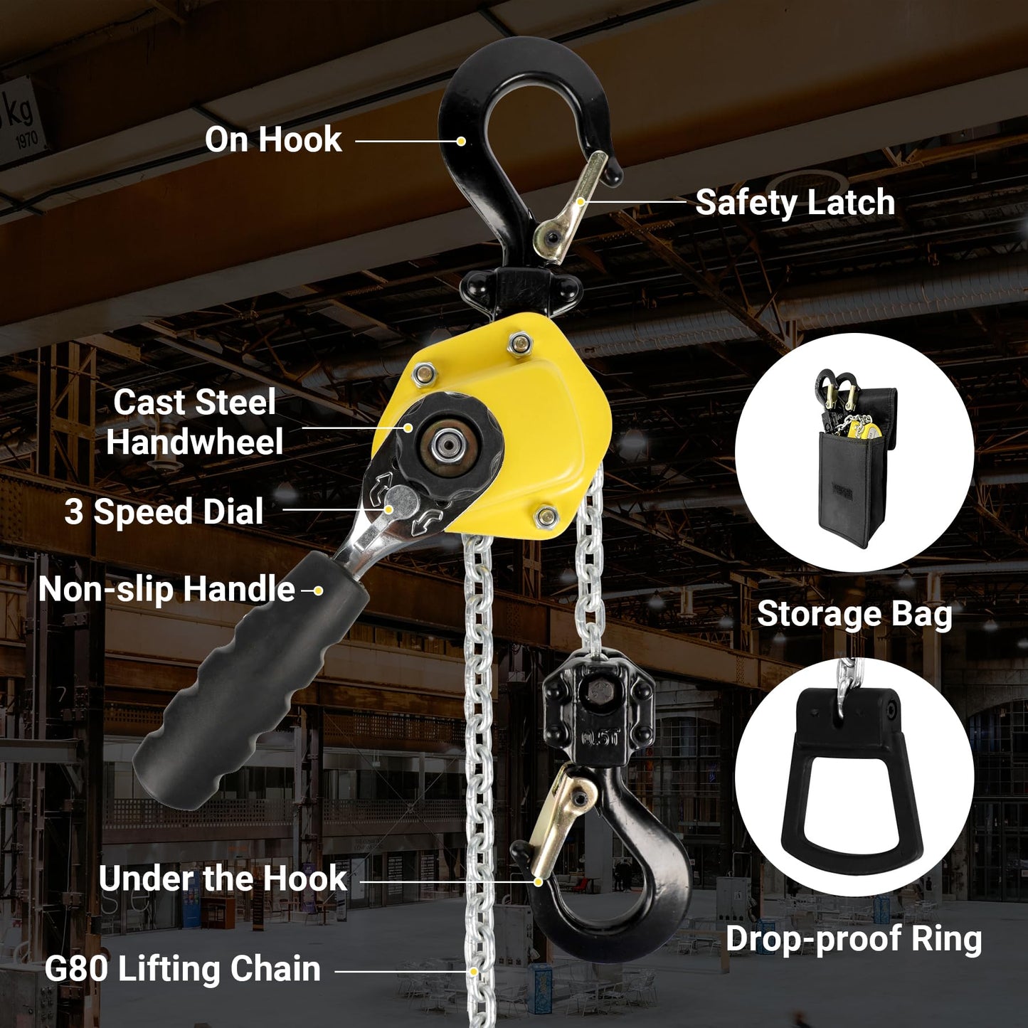 Toriexon 550LBS Manual Lever Chain Hoist Mini Puller 1/4 Ton Capacity Portable Chain Come Along 5 Feet Lift G80 Chain Ratchet Lever Hoist with Hook