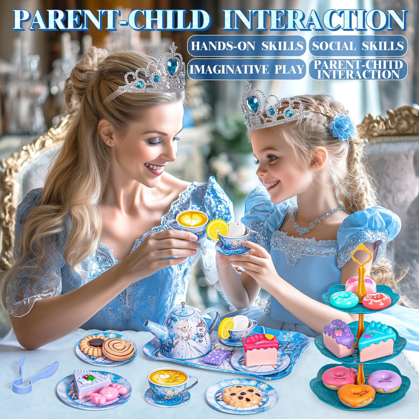 Frozen Tea Party Set for Little Girls, Elsa Princess Toy Gift, Kids Pretend Play Tin Tea Set with Teapot, Tea Cups, Food Playset & Carrying Case, Birthday for Girls Age 3+