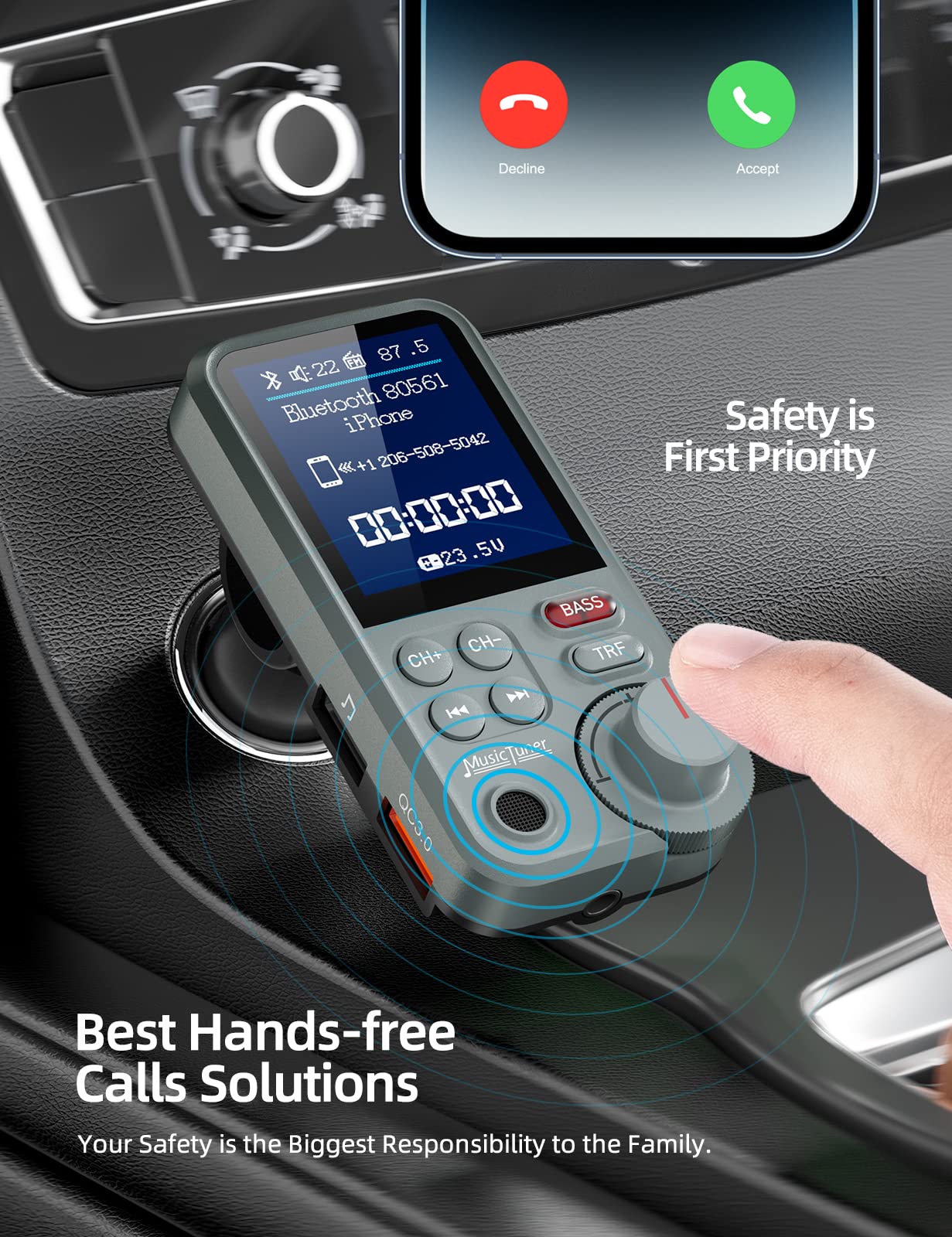 Nulaxy FM Bluetooth Transmitter for car, Strong Microphone Bluetooth Car Adapter with 1.8" Color Screen for Hands Free Calls, Supports QC3.0 Charging, Treble and Bass Sound Music Player- KM30 Grey