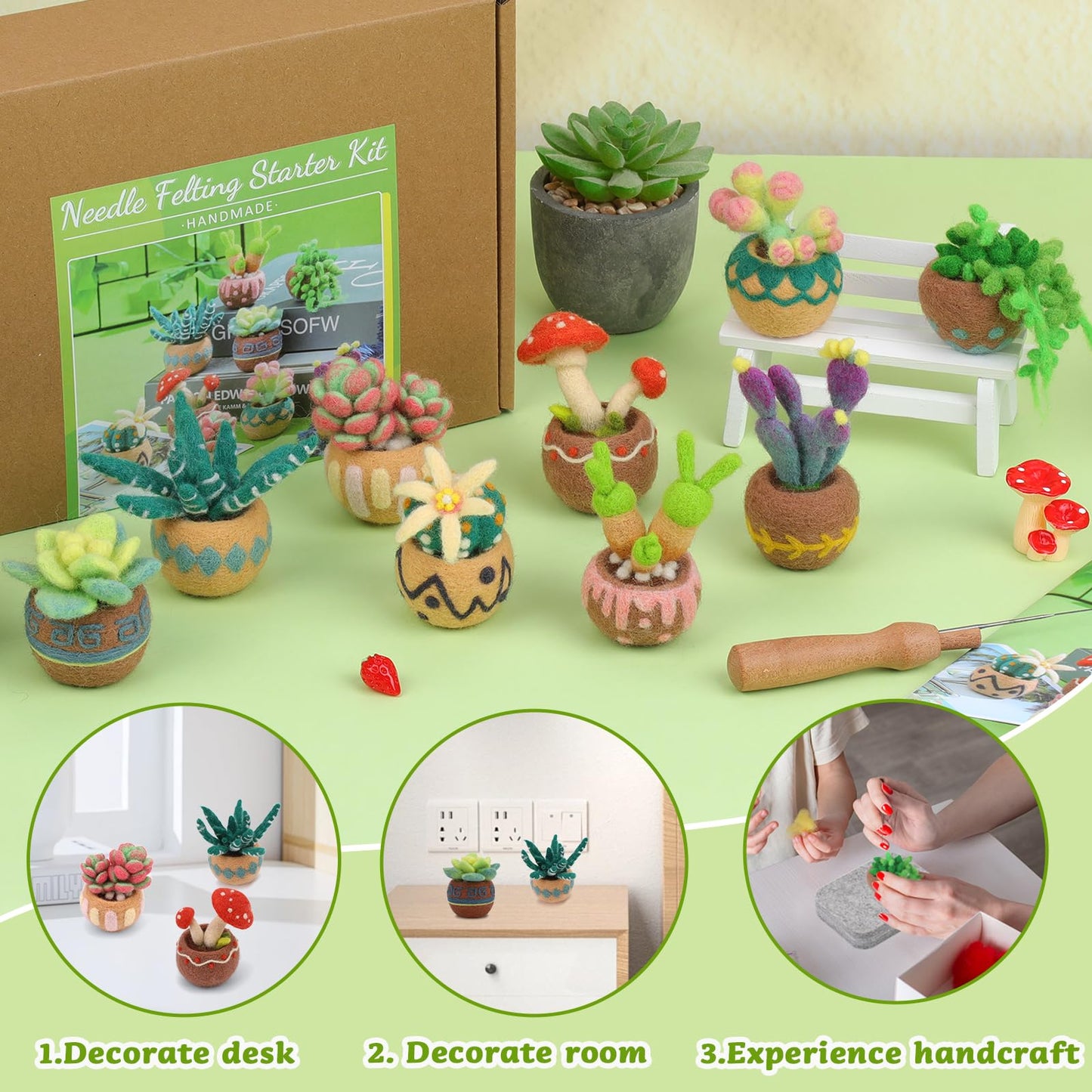 Yizzvb Needle Felting Kit, 9 PCS Succulent Felting Kit for Beginners Adult, Wool Felting Kit with Wool, Needles and Mat for DIY Craft