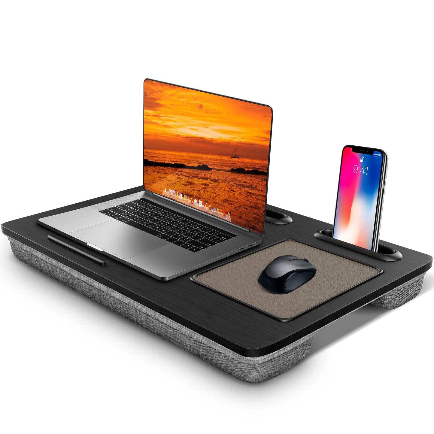 SHOPPINGALL Lap Desk Portable Laptop Stand Desk Fits up to 17" Laptop with Cushion Mouse Pad, Tablet & Cellphone Holder Slot for Sofa Couch & Bed, Home & Office Portable Desk - SA-BR182-Black
