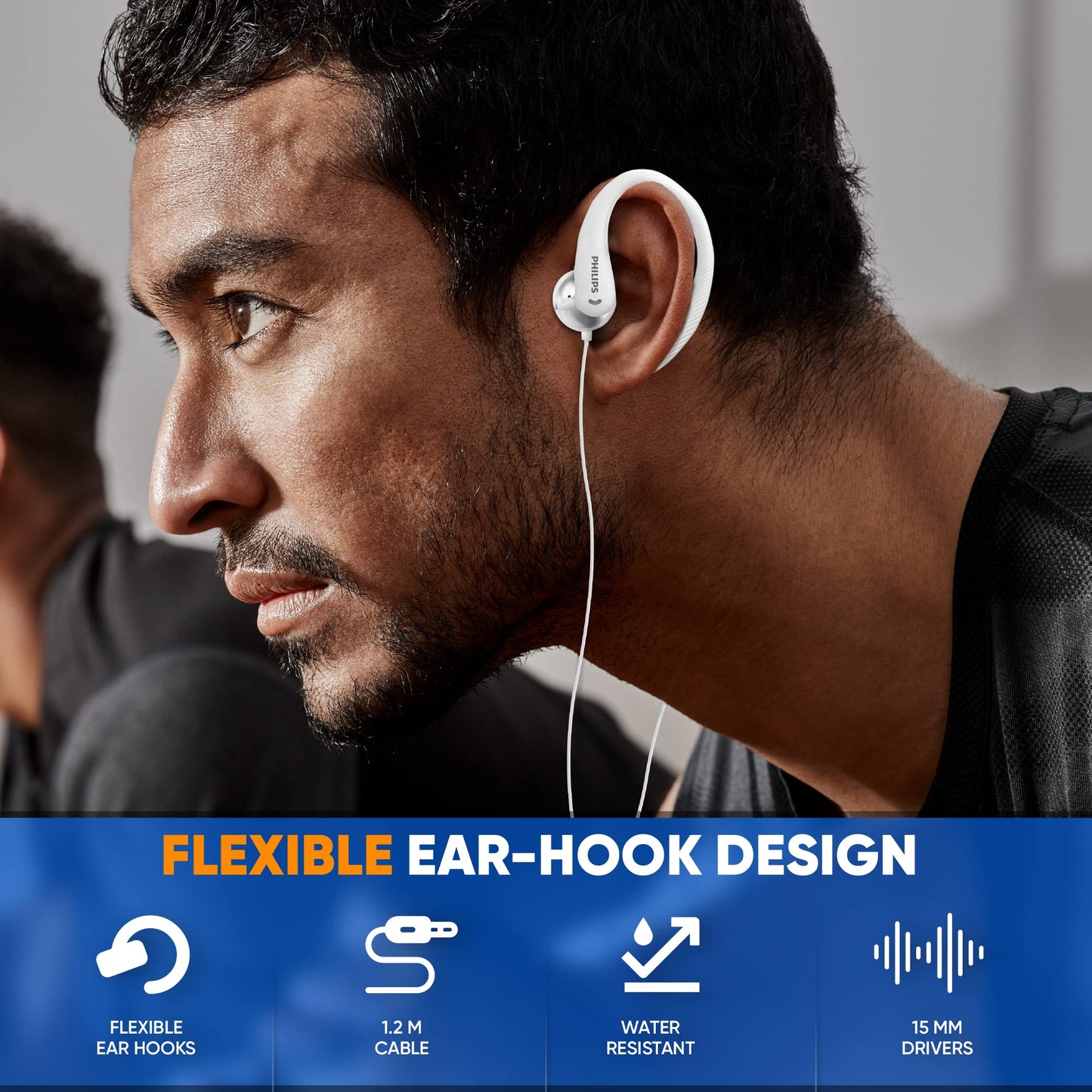 PHILIPS Over The Ear Earbuds, Flexible Wrap Around Earbuds, Around Ear Headphones with Mic Behind The Ear Headphones, Perfect for Sports, Running, Exercise, Gym (White)