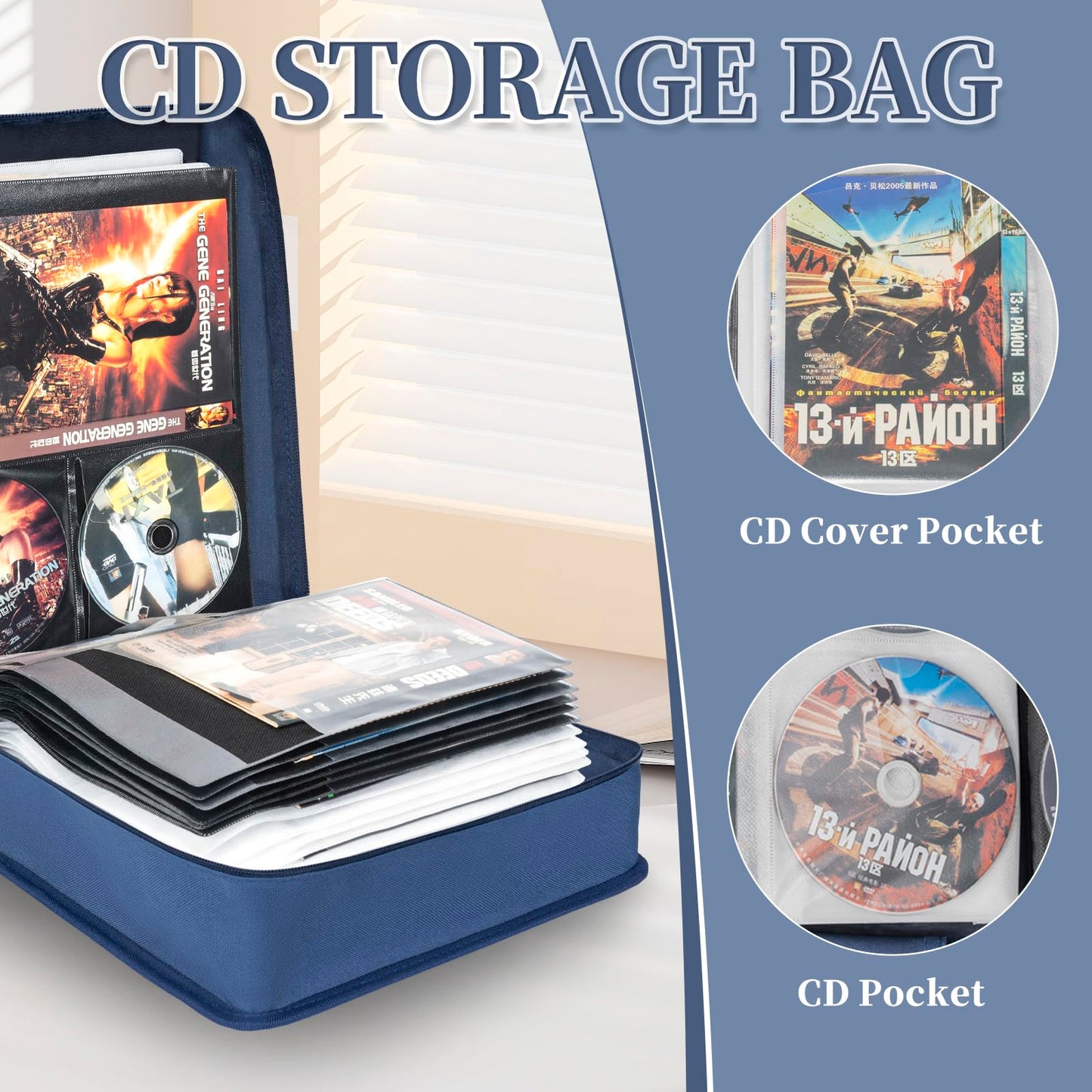 AKOZLIN DVD CD Storage Case with Extra Wide Title Cover Pages Portable Carrying Binder Holder Wallet Album DVD Case Protective Movie Media Storage Organizer 200 Disk Units, 100 Booklet Pockets,Blue