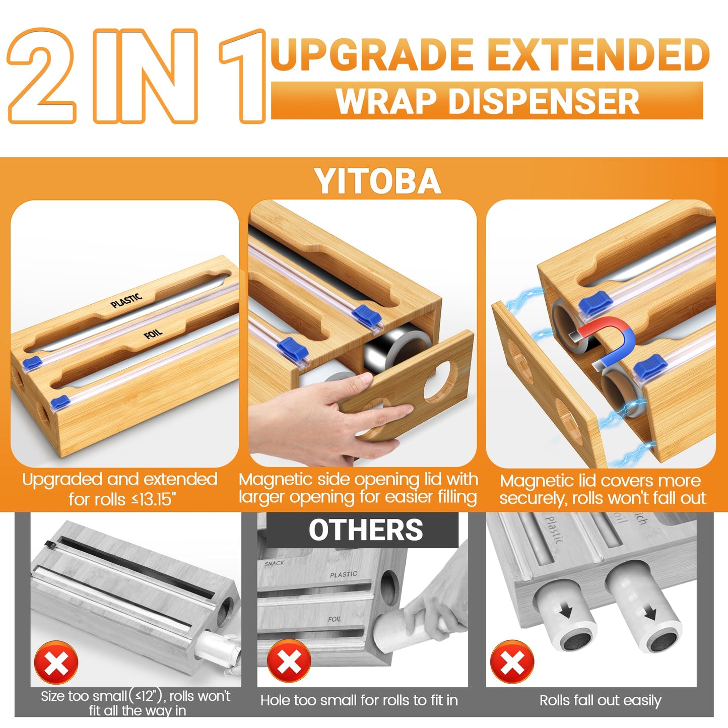 YITOBA 6 In 1 Bag Storage Organizer With Foil and Plastic Wrap Dispenser, Extended Aluminum Foil Holder, Bamboo Baggie Drawer for Gallon, Quart, Snack