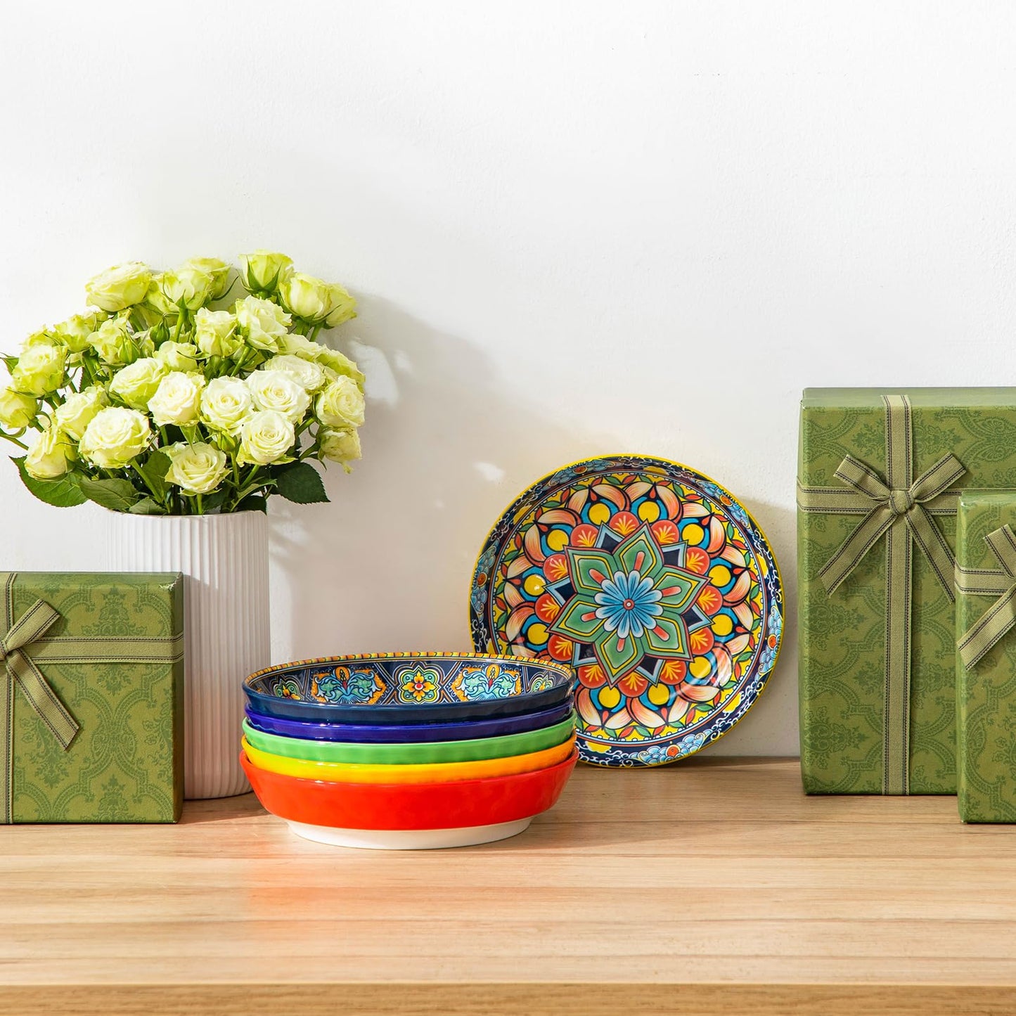 vancasso 32 Oz Pasta Bowls Sets of 6, Ceramic Large Colorful Salad Serving Bowls for Kitchen, Dishwasher & Microwave Safe, Pasta Plates, Dishwasher & Microwave Safe, Series KRVI