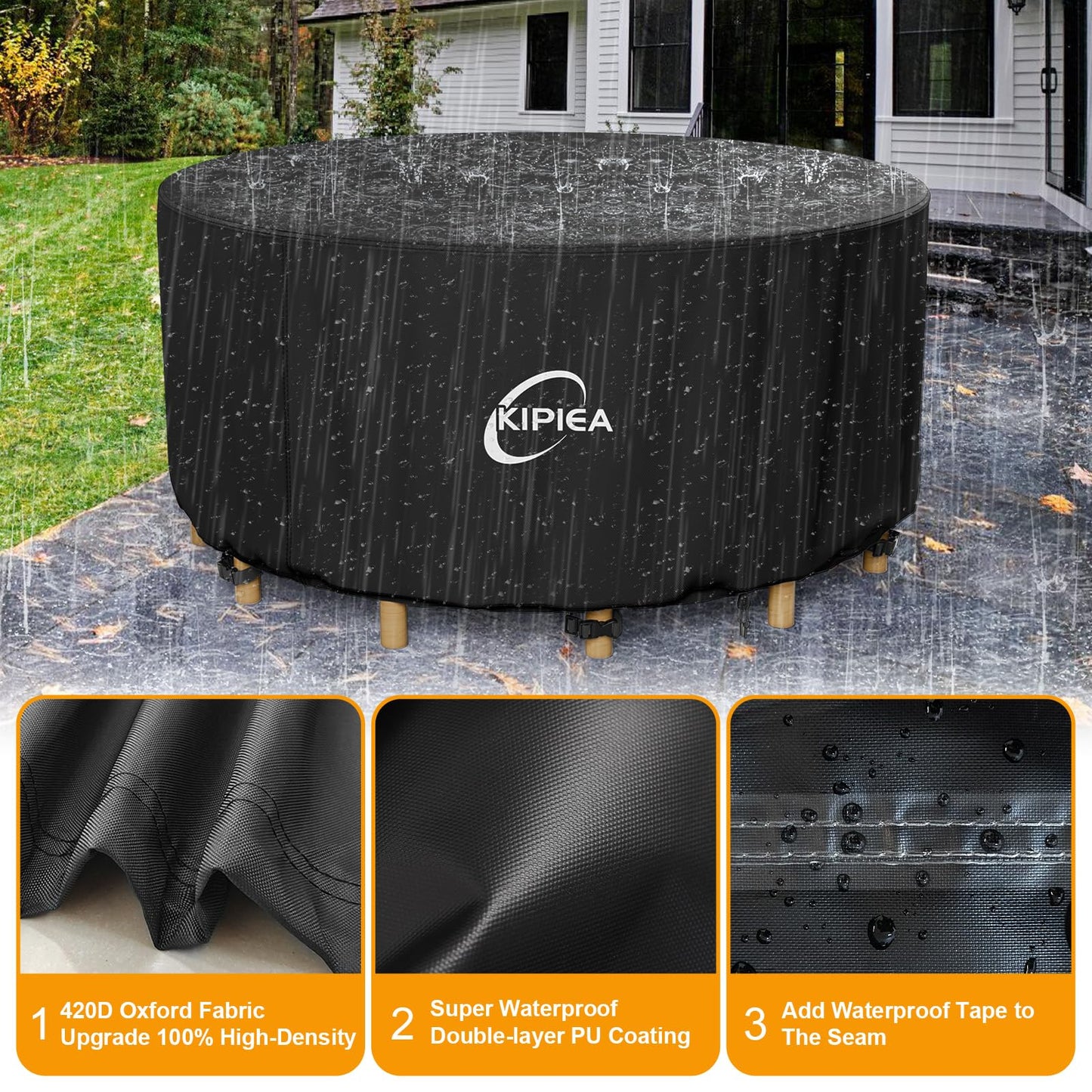 Kipiea Round Patio Table Cover 96" Dia x 36" H, Super Waterproof Round Patio Furniture Cover, Heavy-Duty Round Outdoor Table Cover for Outdoor Furniture Set, UV and Tear Resistant