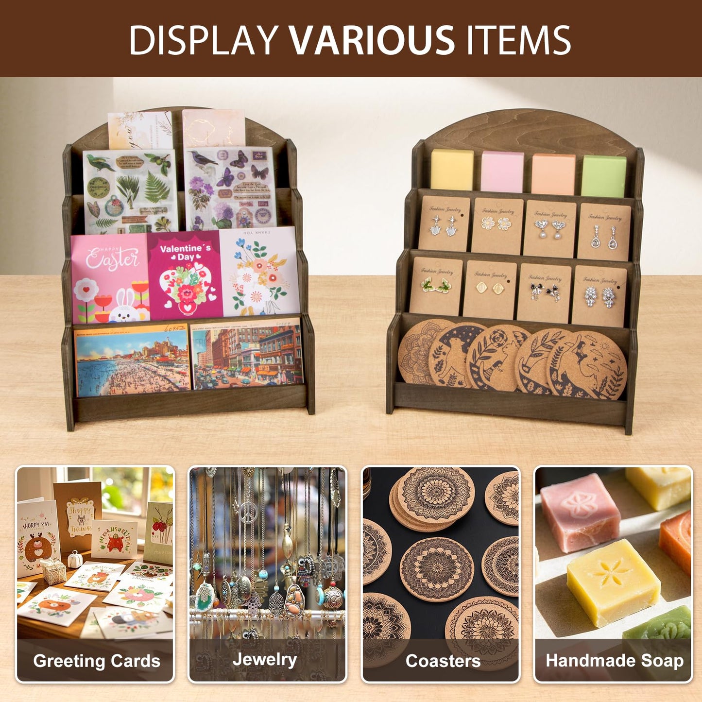 Greeting Card Display Stand, Wooden 4-Tier Postcard Display Stand Holder for Sticker, Vendors, Retail Stores, Brown