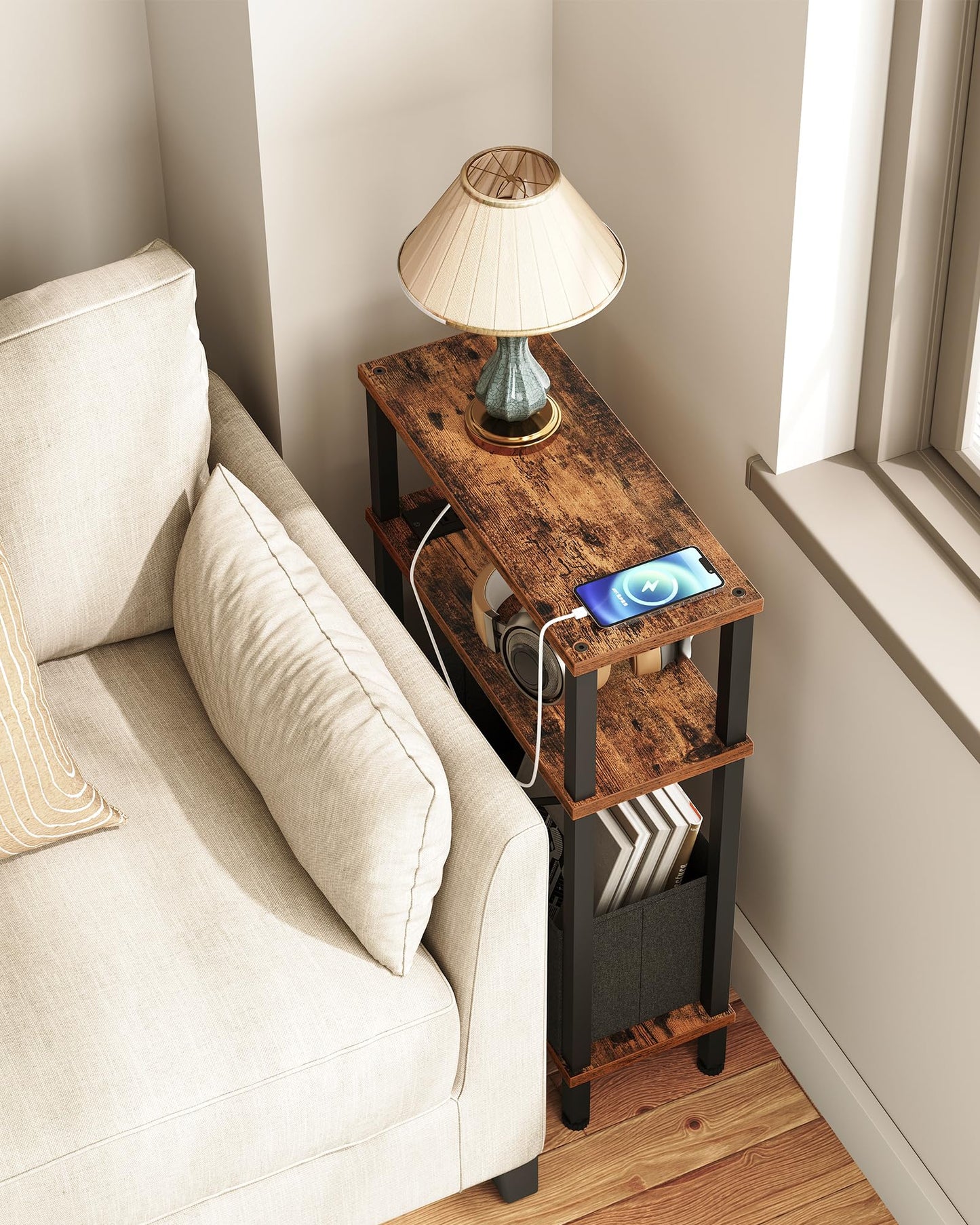 CHOEZON Narrow Side Table with Charging Station, Small End Table with Fabric Basket, Slim Nightstand for Small Spaces, Skinny Side Table, for Living Room, Bedroom, Rustic Brown and Black TBZ07UBF