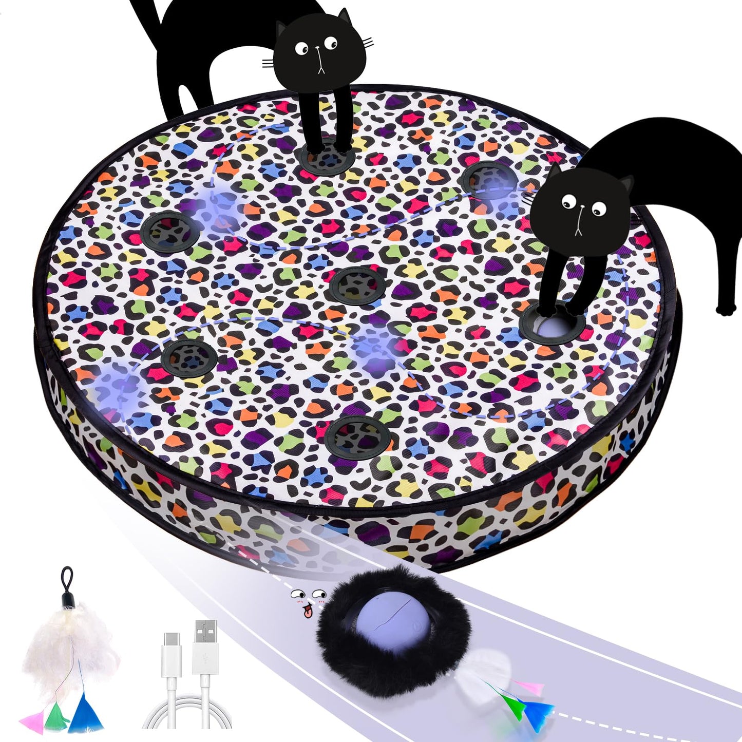 ORSDA Cat Toys Ball, Automatic Fast Rolling Ball in Pouch, Hide and Seek Cat Toy for Indoor Cats, Motion Chirping Activated Moving Ball, 7 Holes Mat Mouse Catching Game