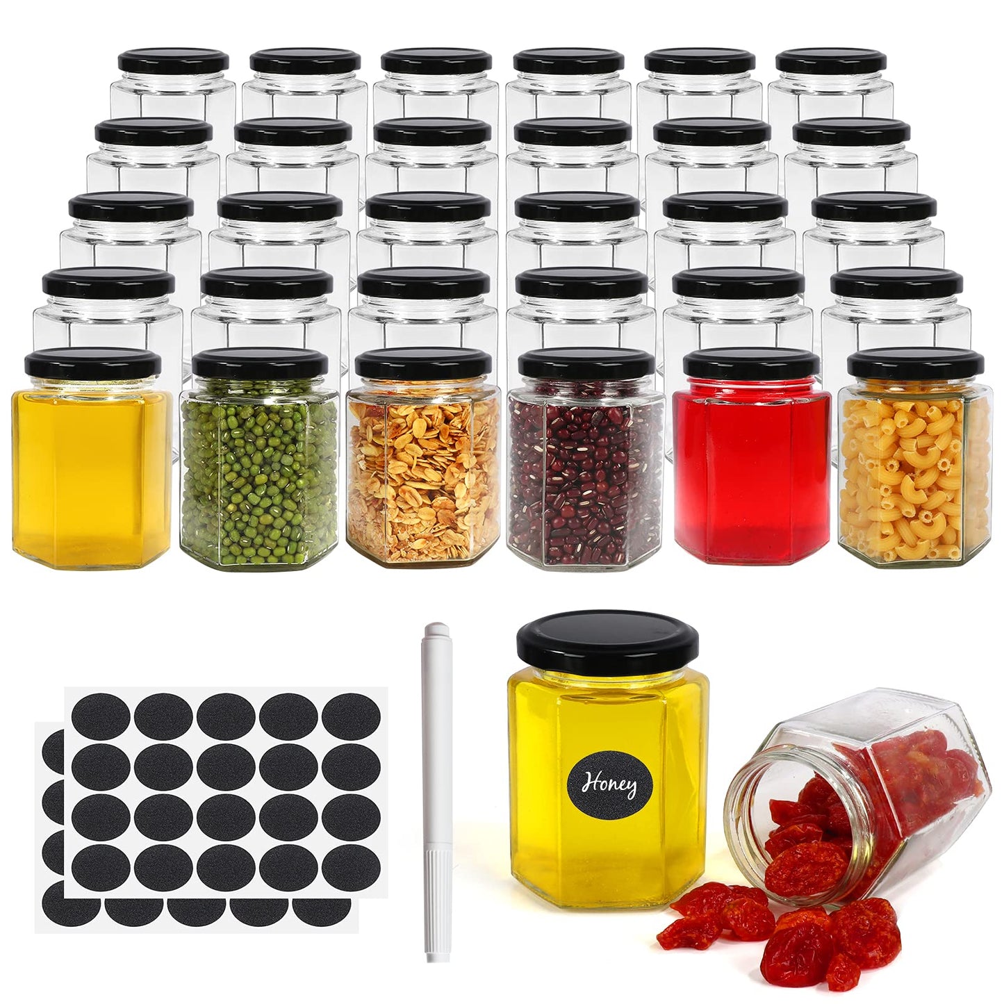 30 Pack 6 oz Hexagon Glass Jars With Black Lids, 180ml Clear Canning Mason Jars for Honey, Spice, Herb, Jams, Shower and Wedding Favors, Craft - 1 Pen and Labels Included