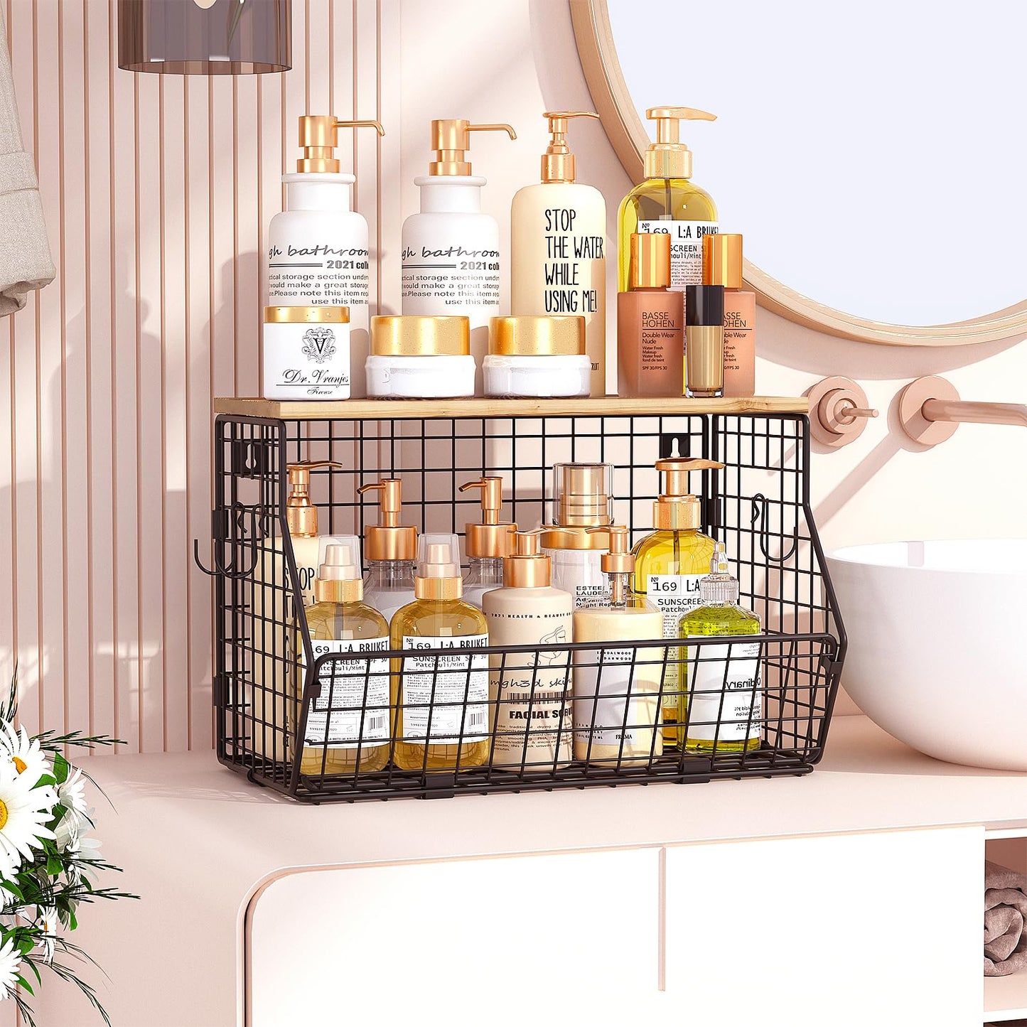 SUNALLY Hanging Fruit Basket for Kitchen Counter Organizing Wire Wall Mounted Baskets Under Cabinet Fruit and Vegetable Produce Storage Organizer Wood Lid Potato and Onion Holder with Hooks, 2 Pack