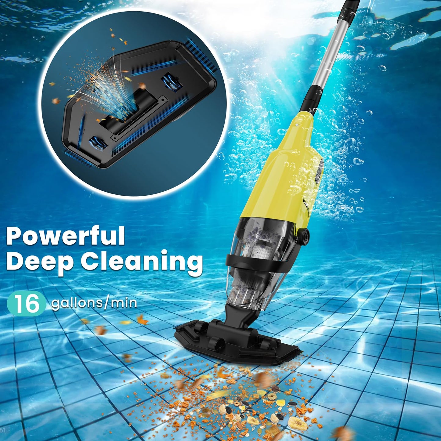 Cordless Pool Vacuum Cleaner for Above Ground Pool & In Ground Rechargeable Pool Vacuum Cleaner - 90 Mins Runtime, with 69" Telescopic Pole, Spa Vacuum for Hot Tub- Fast 3H Charge (Yellow)