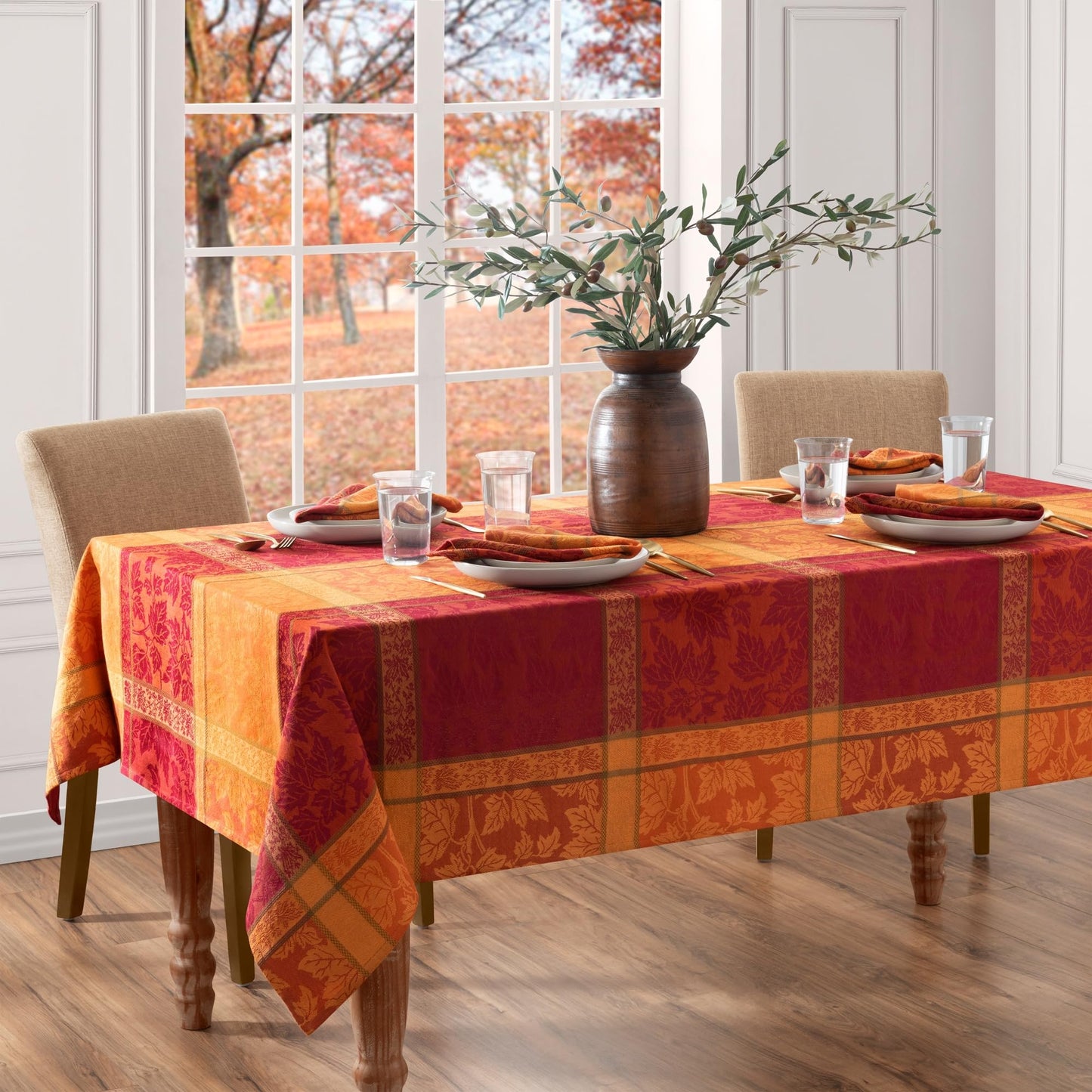 Elrene Home Fashions Maplewood Leaf Jacquard Fall/Harvest/Thanksgiving Woven Cotton Rectangle Tablecloth, 60"x120"