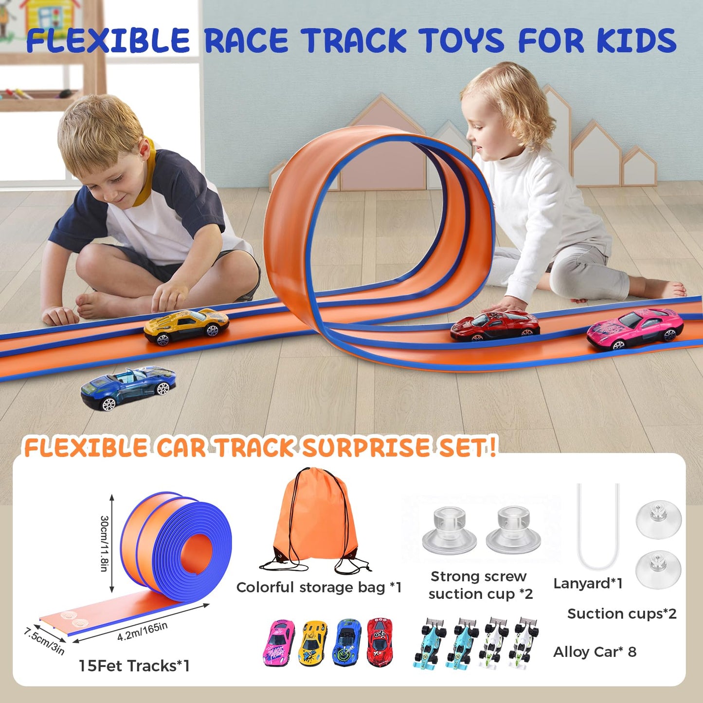 Flexible Race Track for Kids, Portable Flex Track with 4 Strong Suction Cups & 8 Scale Diecast Cars, Flexible Car Tracks for Kids, A Great Birthday Gifts for Boys & Girls Aged 3+ (Orange and Blue)