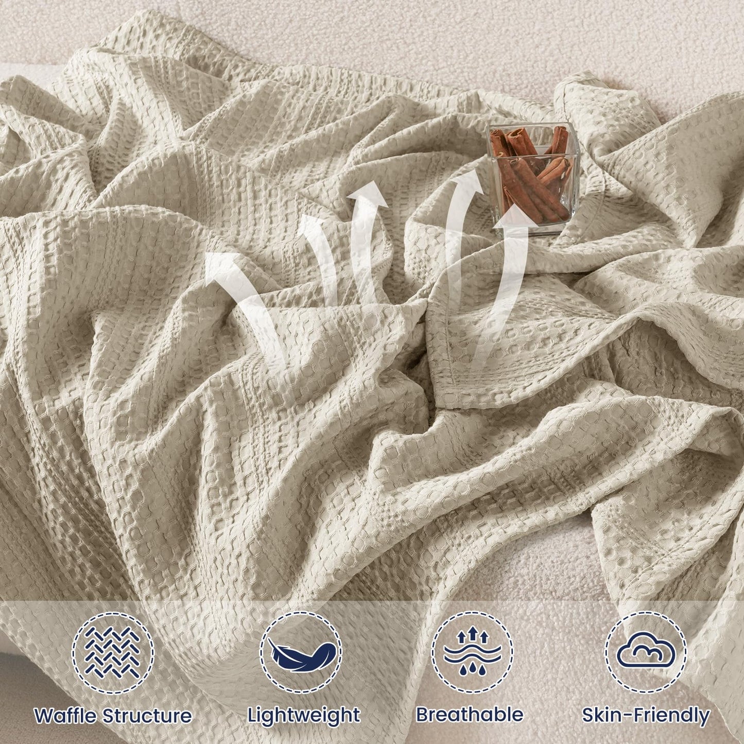 PHF Soft Waffle Weave Blanket Queen Size 90''x90'' - Lightweight and Breathable Woven Blankets for All Season - Great Decor for Couch Bed Sofa - Natural/Linen
