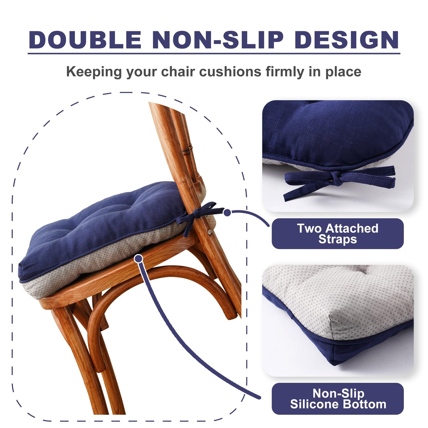 Battilo Chair Cushions Set of 2 for Reading Seats, Seat Cushions for Kitchen Dining Chairs with Non-Slip Backing, Indoor/Outdoor Waterproof Chair Seat Pads with Ties, 40cm x 40cm x 10cm, Navy