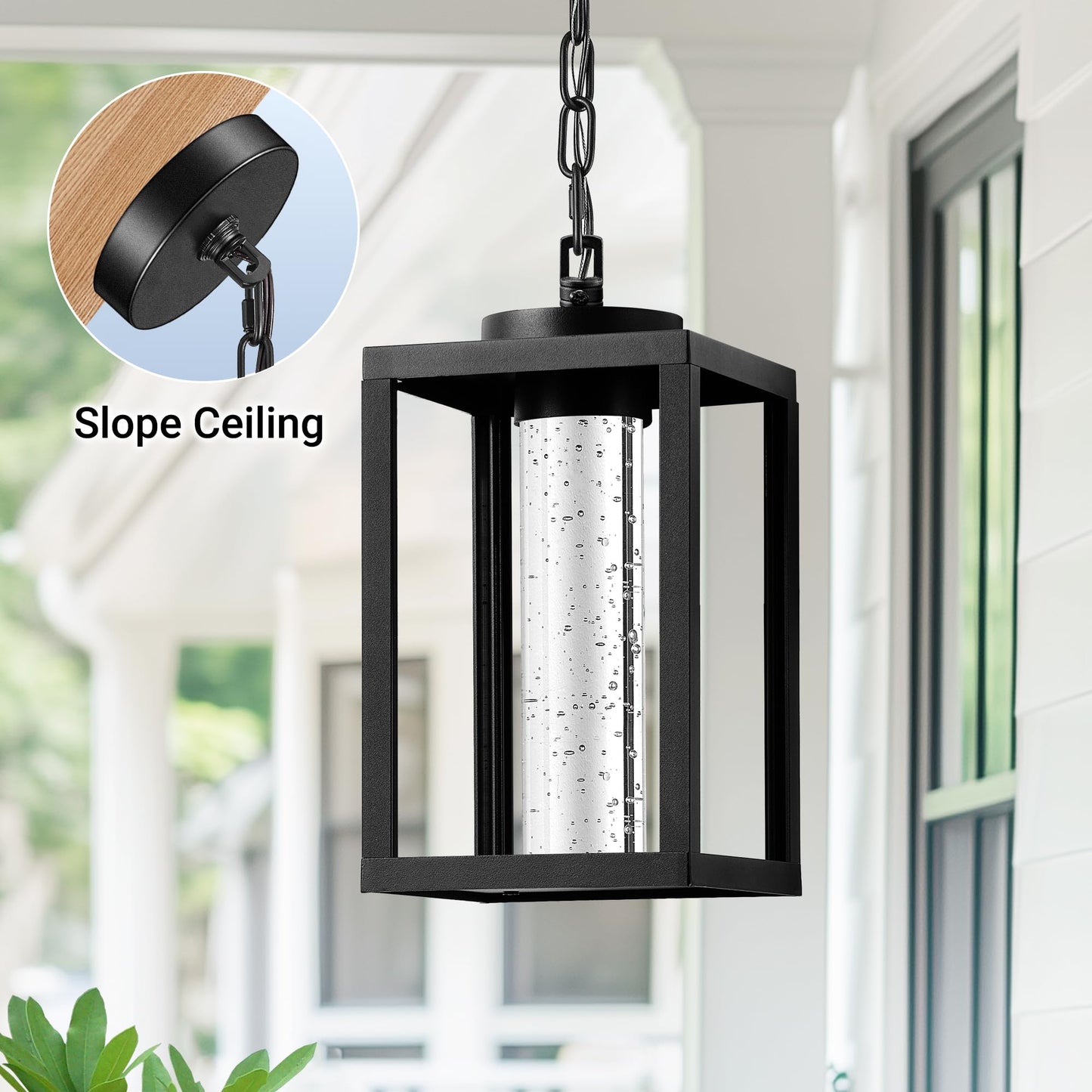 VIANIS Outdoor Pendant Lights for Porch, Aluminum Outdoor Hanging Light Fixture with Adjustable Chain, Black Modern Exterior Hanging Light with Built-in 10W LED, Waterproof Outdoor Porch Chandelier