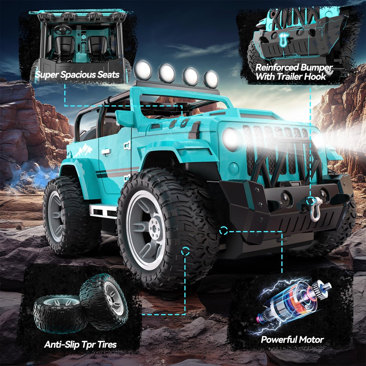 DEERC Jeep RC Car W/Spray Function, Remote Control Car W/Fog Mist, 1:16 Off-Road Truck W/ 2 Batteries, LED Lights& Sound, 50+ Min Play, 2.4Ghz All Terrain SUV Electric Vehicle Toy for Boys Adults