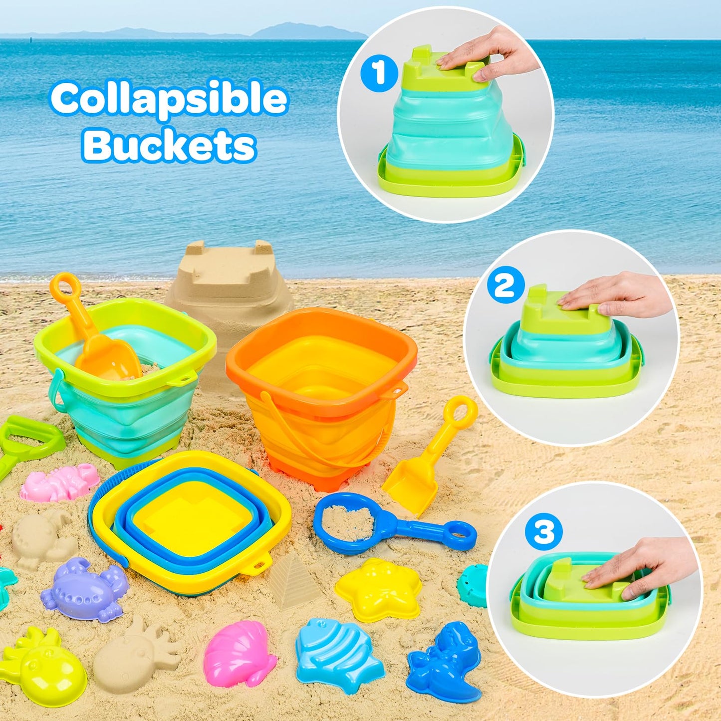 Collapsible Beach Bucket Kids Sandbox Toy 3 PCS Silicone Pail Set with Sand Molds, Shovel, Rake, Mesh Storage Bag for Toddlers Boys Girls Beach Essentials for Family Outdoor Travel Toy Age 3-10