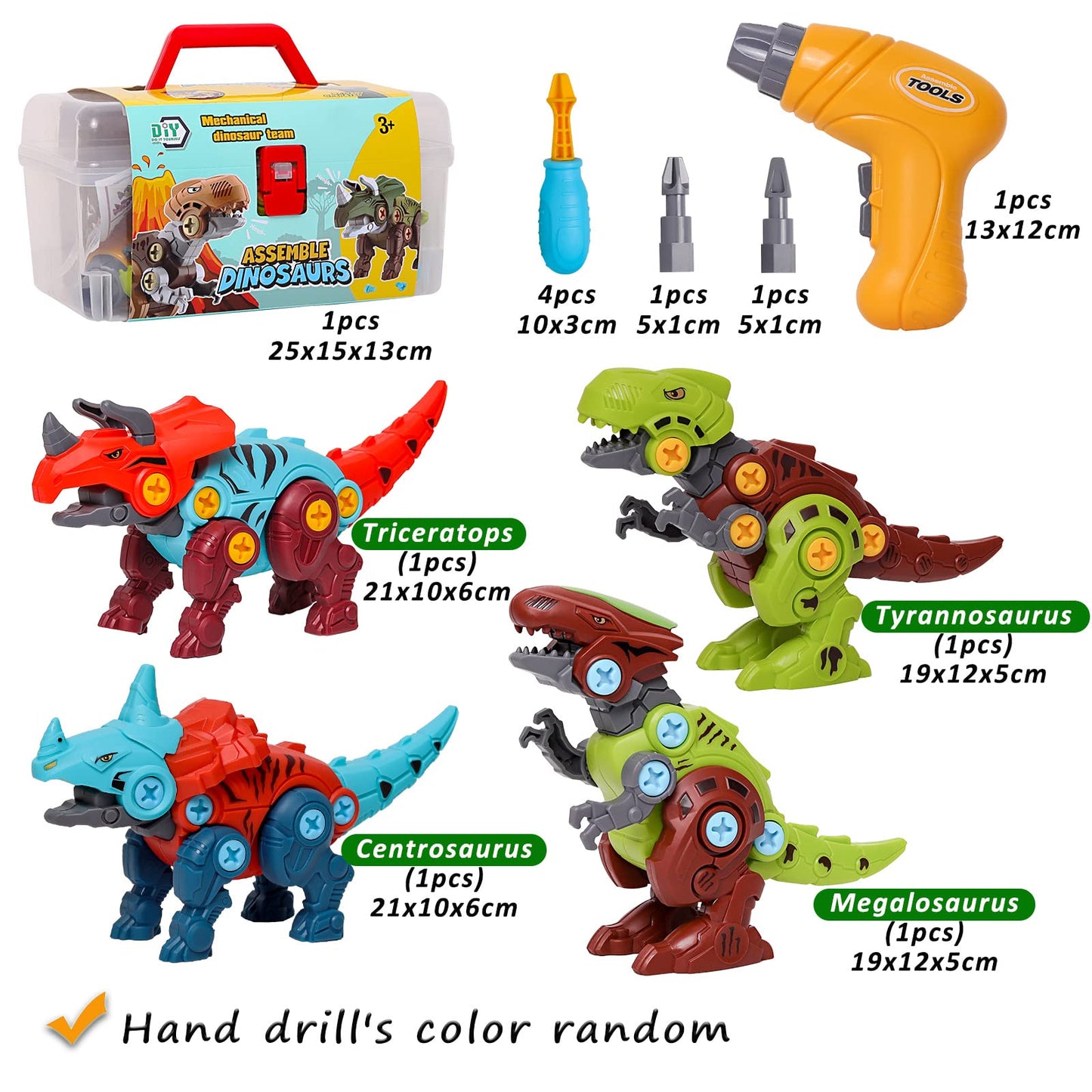 LOYUEGIYO Take Apart Dinosaur,Children Learning Construction Educational Building Dinosaur Toy for 3 4 5 6 7 Year Old Kid Boy Girl,STEM Toy Birthday Gift (1 Electric Drill&4 Hand Drill Tools)