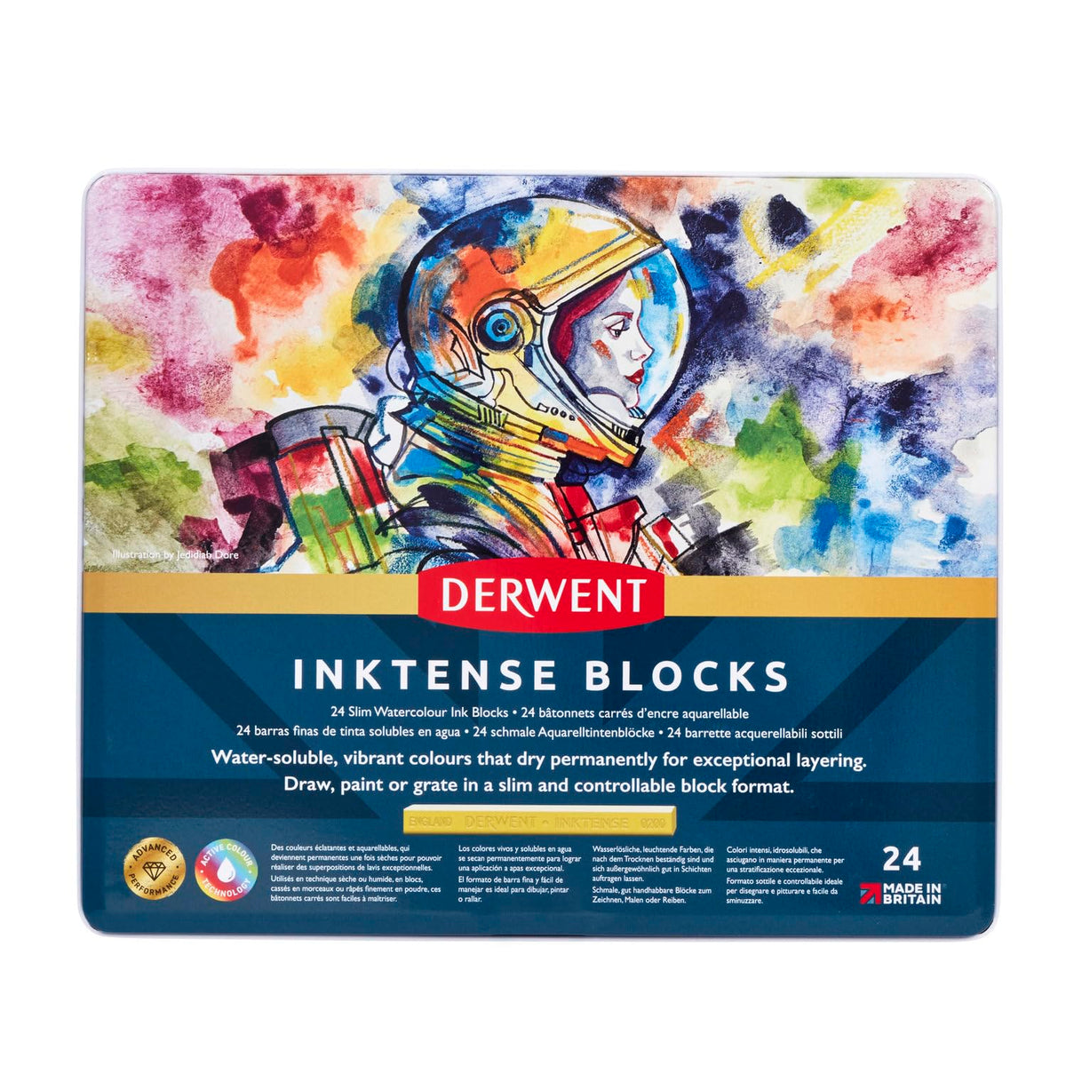 Derwent Inktense Blocks 24 Tin, Set of 24, 8mm Block, Soft Texture, Watersoluble, Ideal for Watercolour, Drawing, colouring, Crafts and Painting on Paper and Fabric, Professional Quality (2300443)