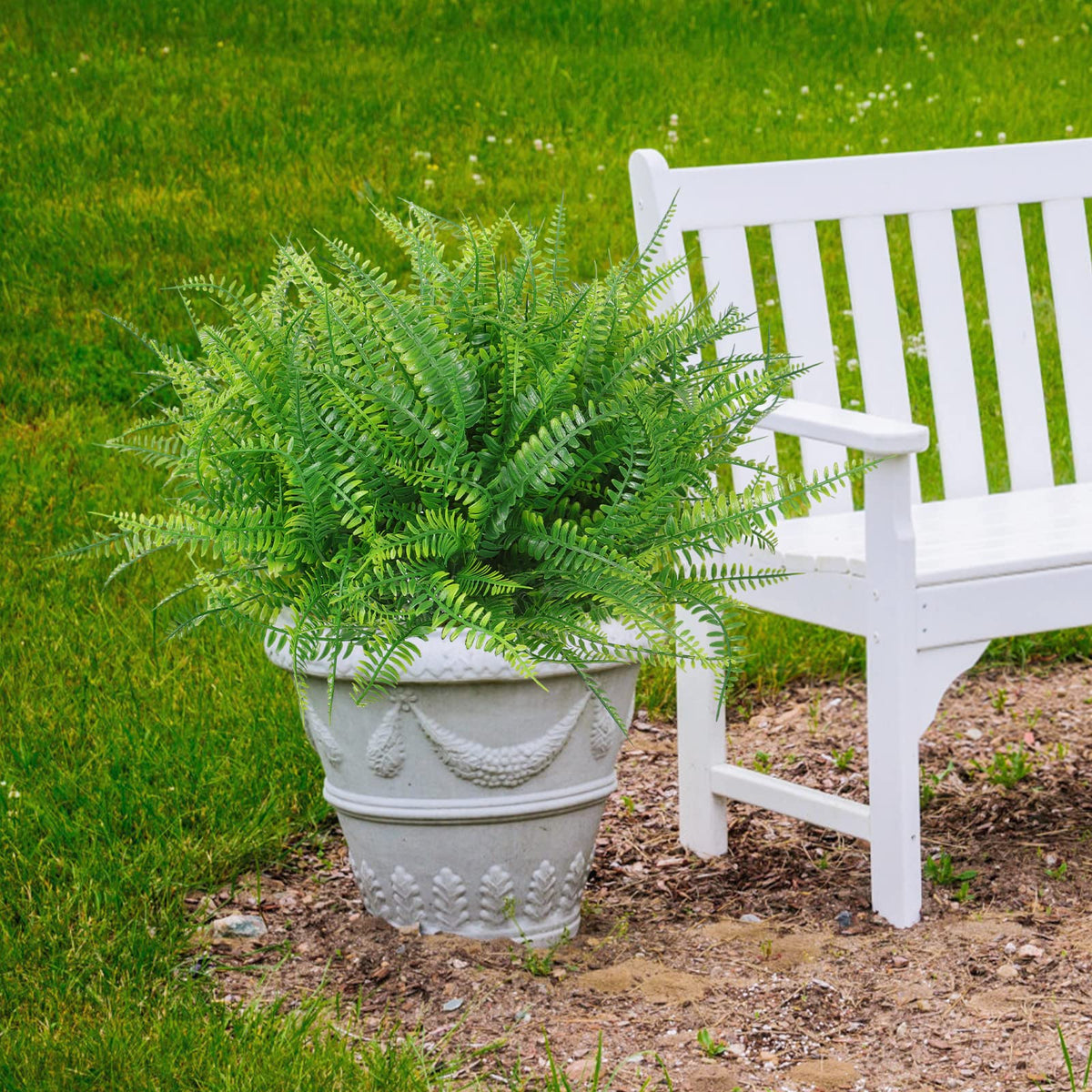 KHOYIME 20 Bundles Artificial Plants Outdoor Indoor Fake Boston Fern Bushes, Faux Plastic Greenery Shrub Green Stem Plant Bulk UV Resistant Outside Spring Summer Decor for Home Garden Porch Window Box