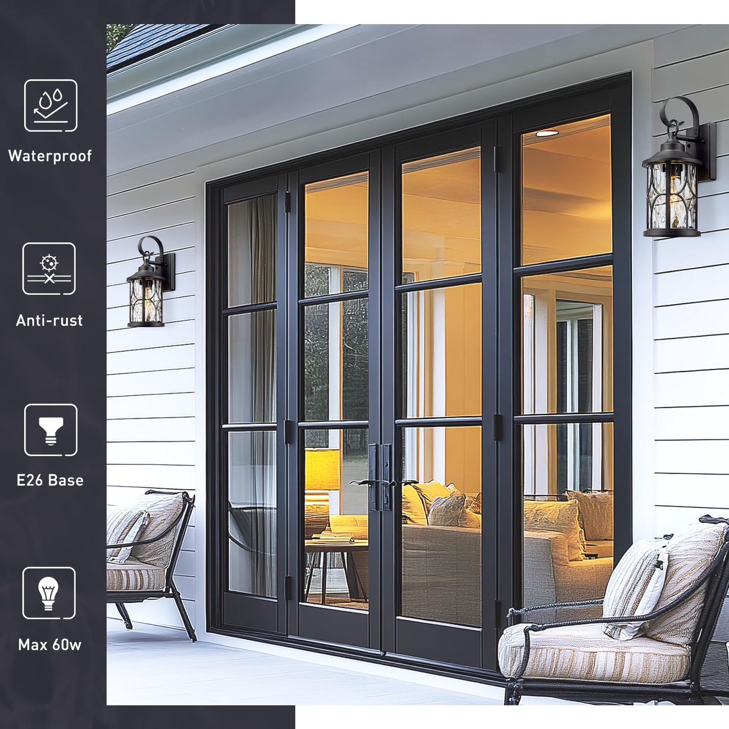 zeyu Wall Mounted Lantern Light, 15.5 Inch Outdoor Wall Light Fixtures for House in Black Finish, Die-Cast Aluminum with Water Ripple Glass, ZX111B BK-WG