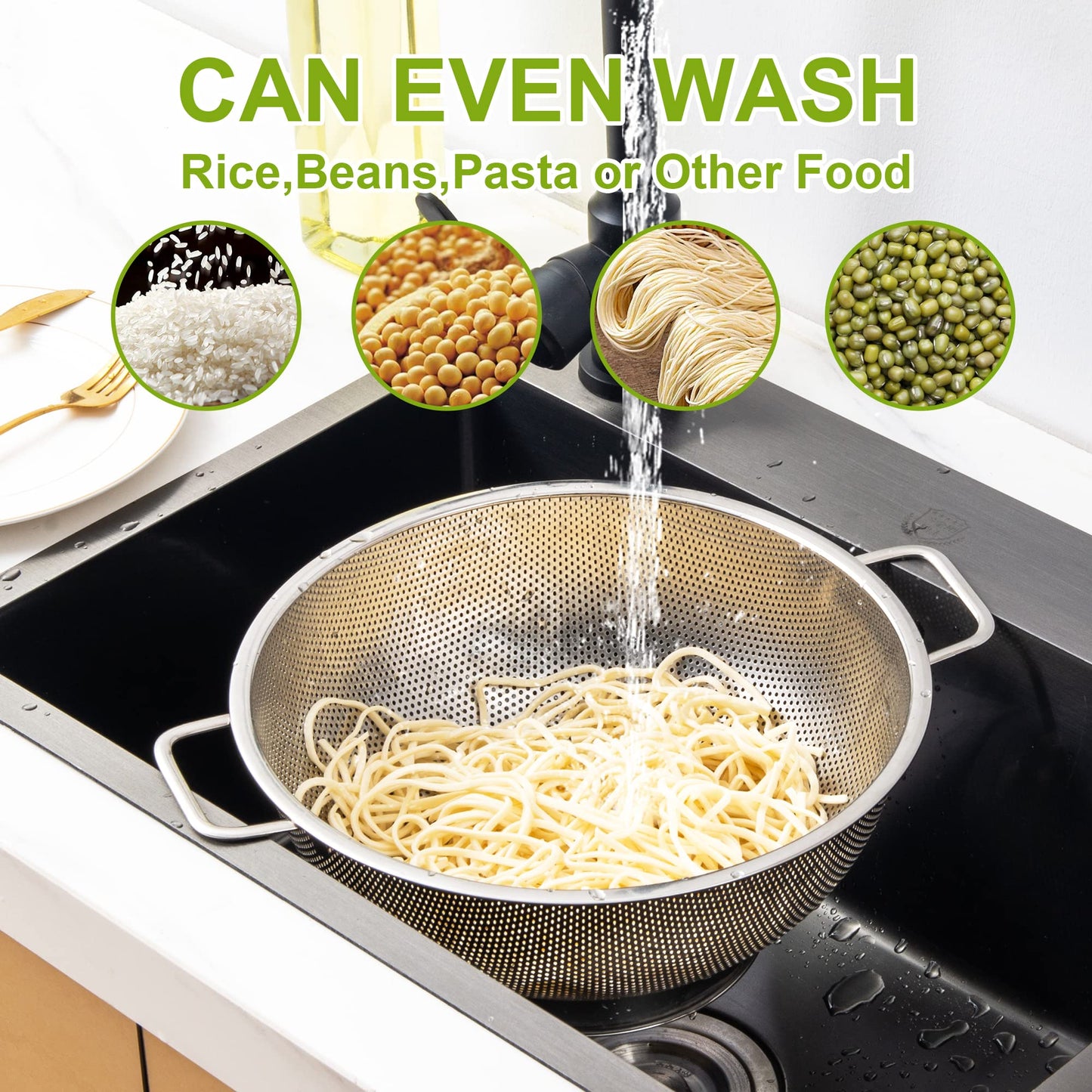 Colander Stainless Steel 5-Quart, Strainer for Kitchen Food, Dishwasher Safe