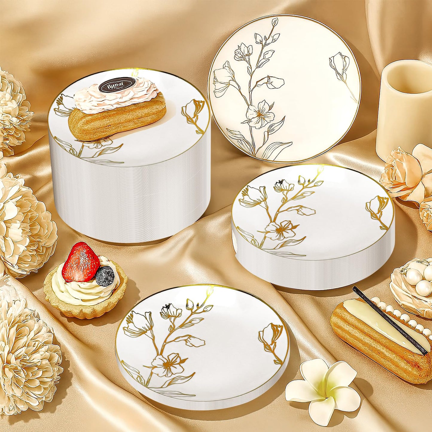 150Pcs Plastic Party Plates, 7.5 Inch Disposable Dinner Plates with White & Gold Rim Floral, Dessert Appetizer Elegant Fancy Wedding Plates Gold Plastic Plates for Party Holiday