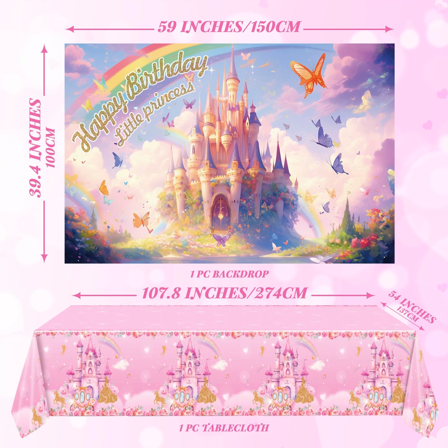 208 pcs Pink Princess Birthday Party Decorations For Girl Woman, 12 Tableware Sets, Castle Balloons, Balloon Arch, Crown, Happy Birthday Banner, Tablecloth, Backdrop, Cake Topper, Balloon Pump